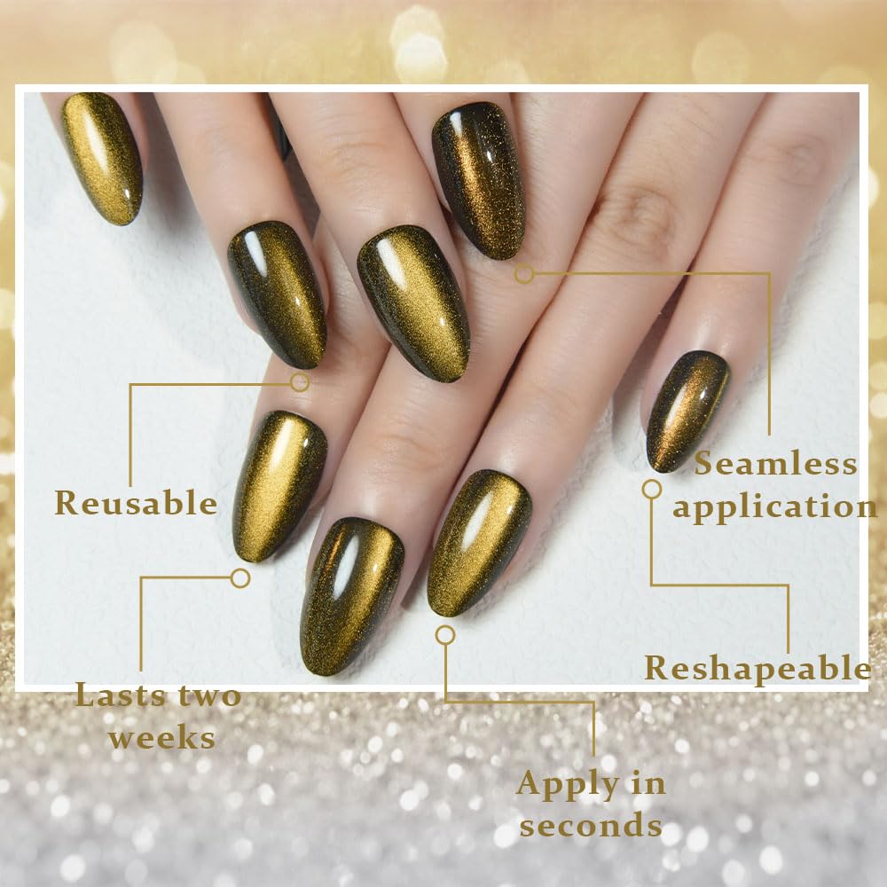evpct Cat Eye Gold Press on Nails Almond Short, Gold Metal Short Almond Soft Gel Press on Nails with Nail Kit, Fit Perfectly, 30Pcs Reusable Acrylic Fake Press-on Nail Polish Kit for Women Gift