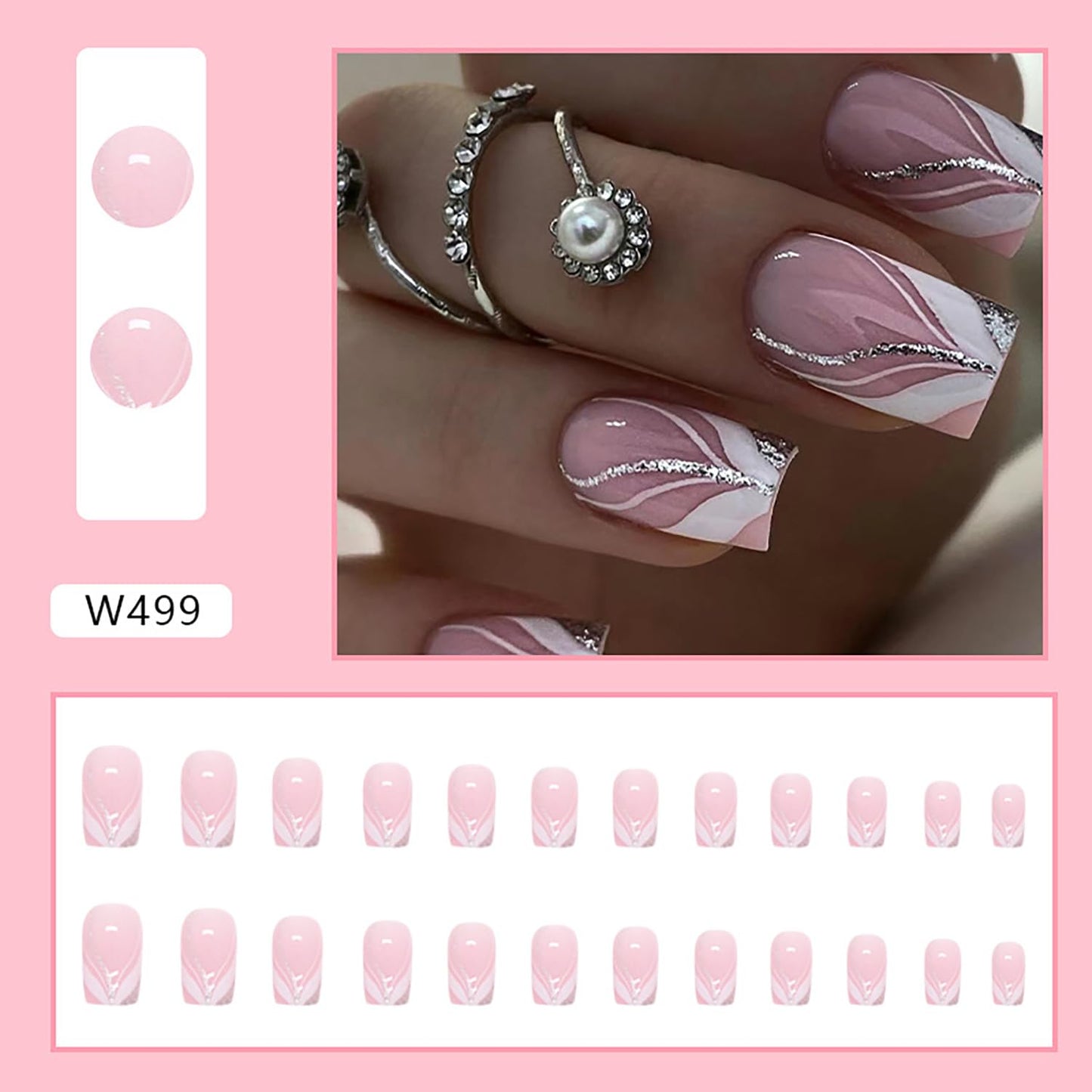Vezocim Pink Artificial Fake Square Nails, 24Pcs Press on Nails Medium Coffin with French Line Designs, Glossy Full Cover Acrylic False Nail, Glue Fake Fingernails with Charm for Women
