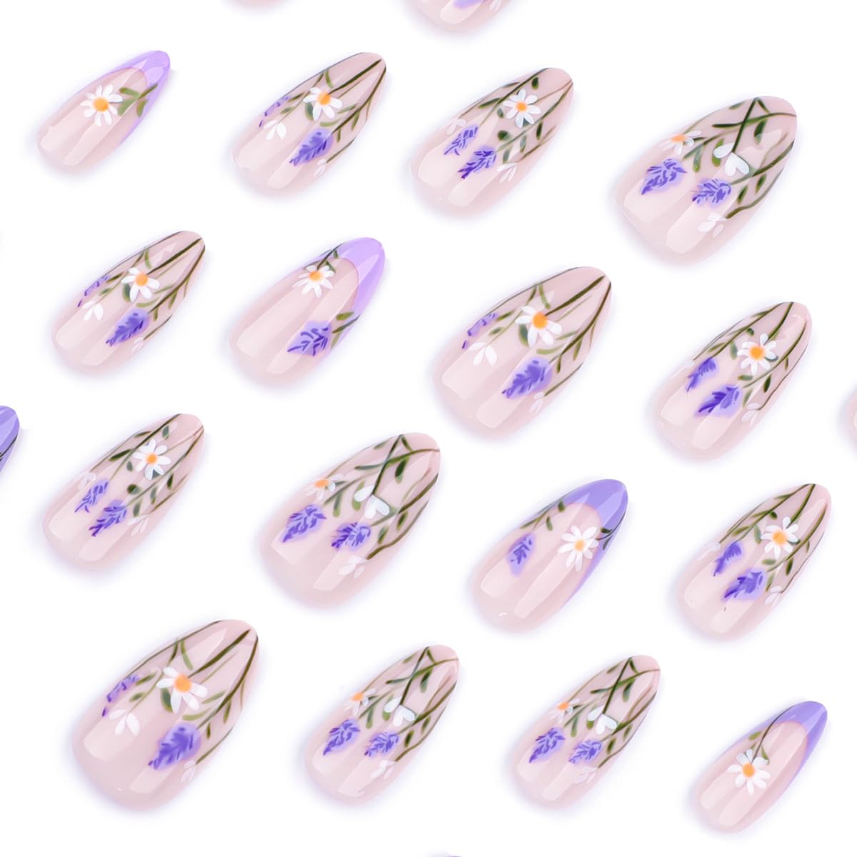 Purple French Tip Press on Nails Medium Almond Nails Lavender Fake Nails with Glue Purple French Nail Tip Acrylic Nails Design Full Cover False Nails Stick on Nails for Women DIY Manicure Tips