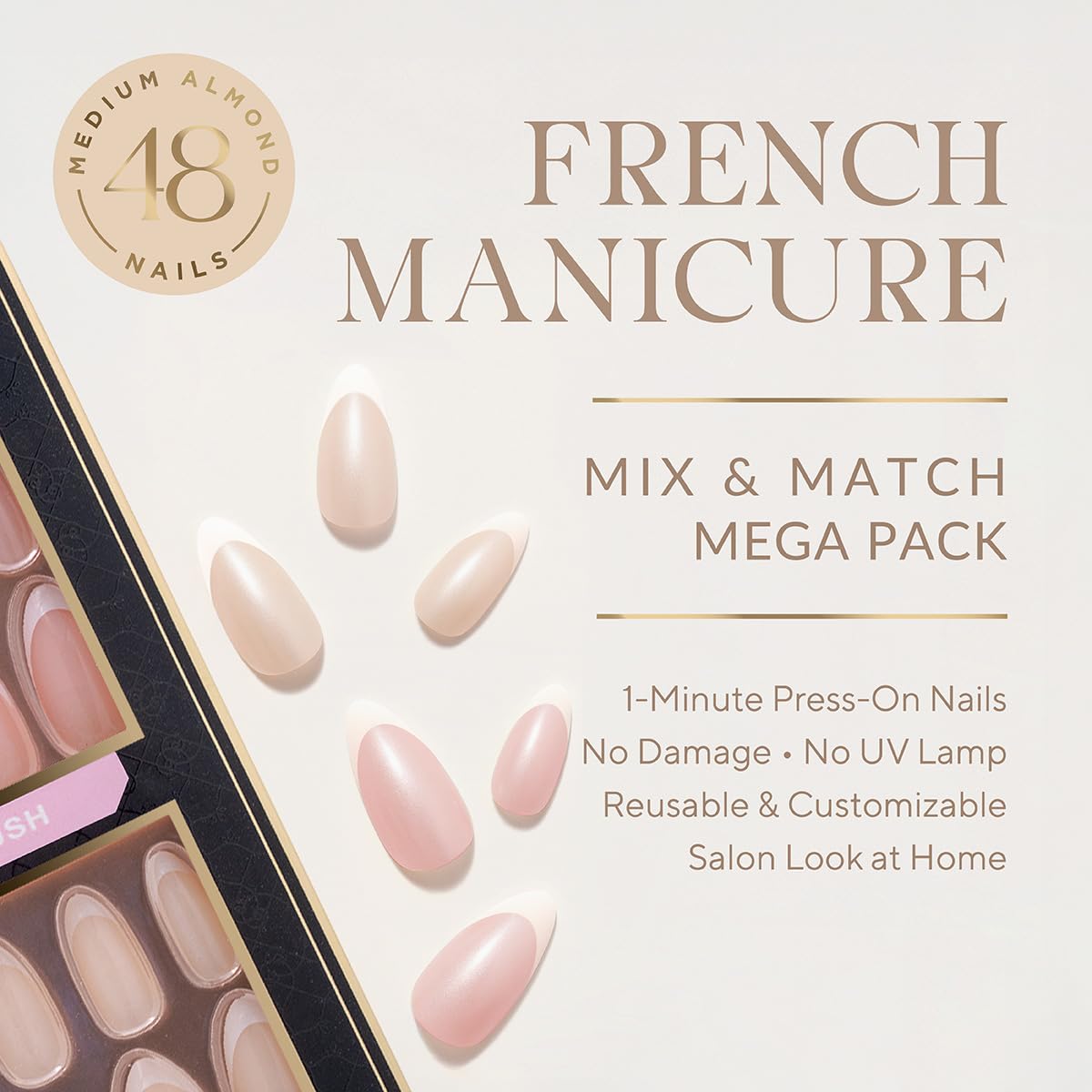 Pearlessence 48pc Almond French Press On Nails One Minute Press-On French Manicure Nails | 48-Count Mega Pack | Pink Blush & Nearly Nude | Medium Almond Shape | Easy Application, No Dry Time