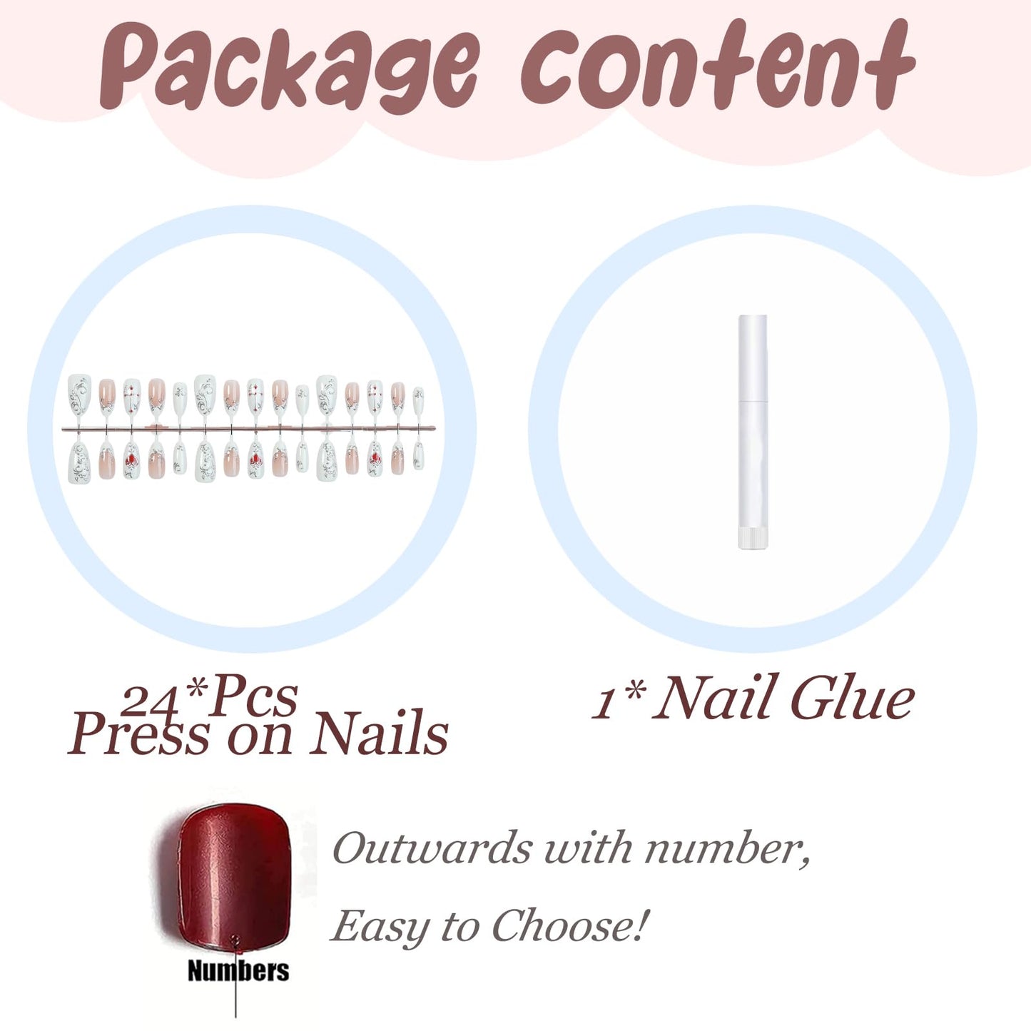 BABALAL Press On Nails, Medium Almond Fake Nails, White French Tip, Sliver Cross & Heart Design, Y2k Goth Acrylic, Reusable Glossy Full Cover Glue On Nails 24Pcs