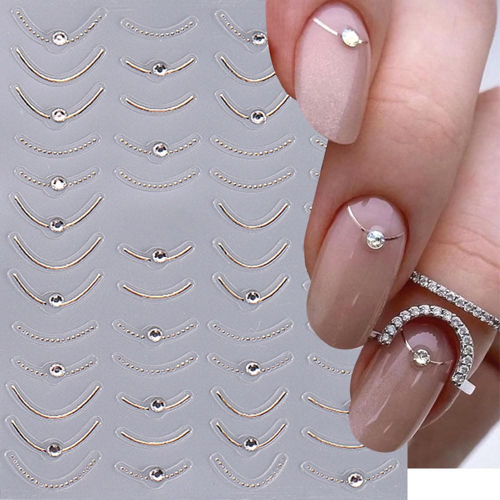 French Line Nail Art Stickers,Gold Silver Line Diamond Nail Stickers 5D Self-Adhesive Nail Decals 2Pcs Nail Art Supplies Gold Silvery Lines Stripe Deisgns for Women Nails Decor