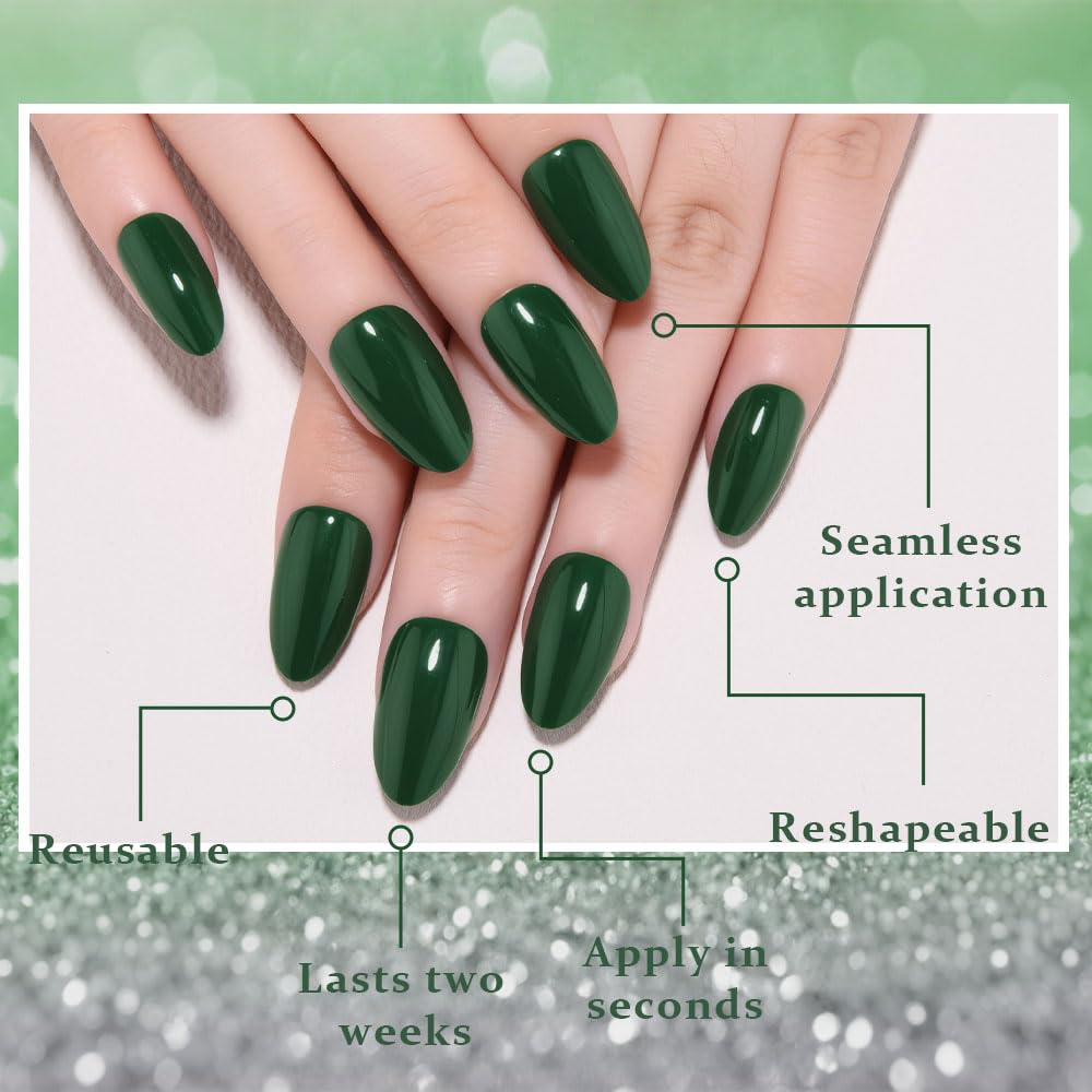 evpct Green Glossy Press on Nails Short Almond, Glossy Green Fake Nails False Nail Pure Color with Kit, Salon Quality Soft Gel Stick on Acrylic False Soft Nails Reusable Full Cover for Women Manicure