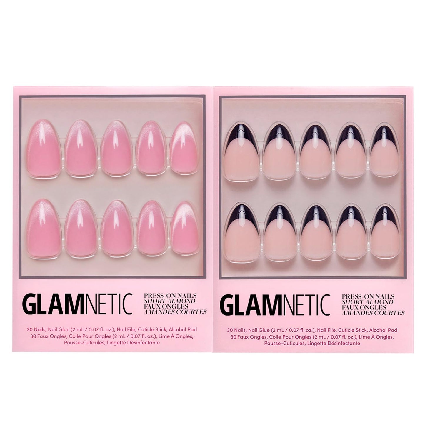 Glamnetic Press-On Nails Bundle - Lovers Blush & Caviar | Pink Short Almond Fake Nails with Glossy Velvet Finish | Short Almond Black French Tip False Nails | Reusable, Salon-Quality Nail Kits