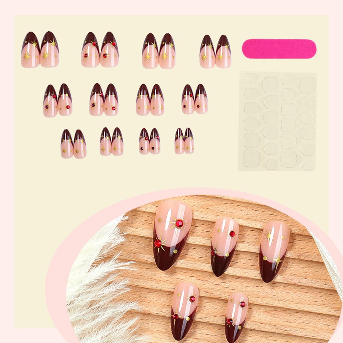 Wine Red French Tip Press on Nails - Medium Almond Fake Nails with 3D Rubby Star Designs False Nails Glossy Glue on Nails Reusable Full Cover Stick on Nails for Women Manicure 24Pcs