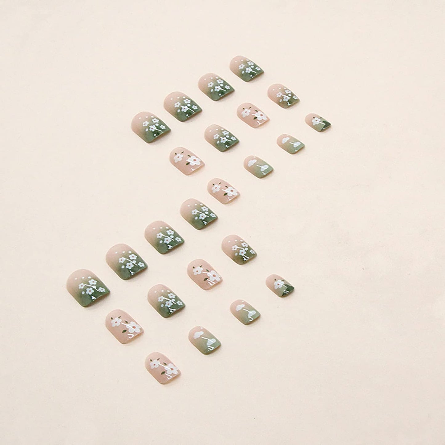 Glue on Nail Short Square Length, 24Pcs Full Cover Reusable False Nails, Press on Nails with Small Flower Designs, Artificial Coffin Acrylic Fake Nails for Women Stick on Nails with Charm Decorations