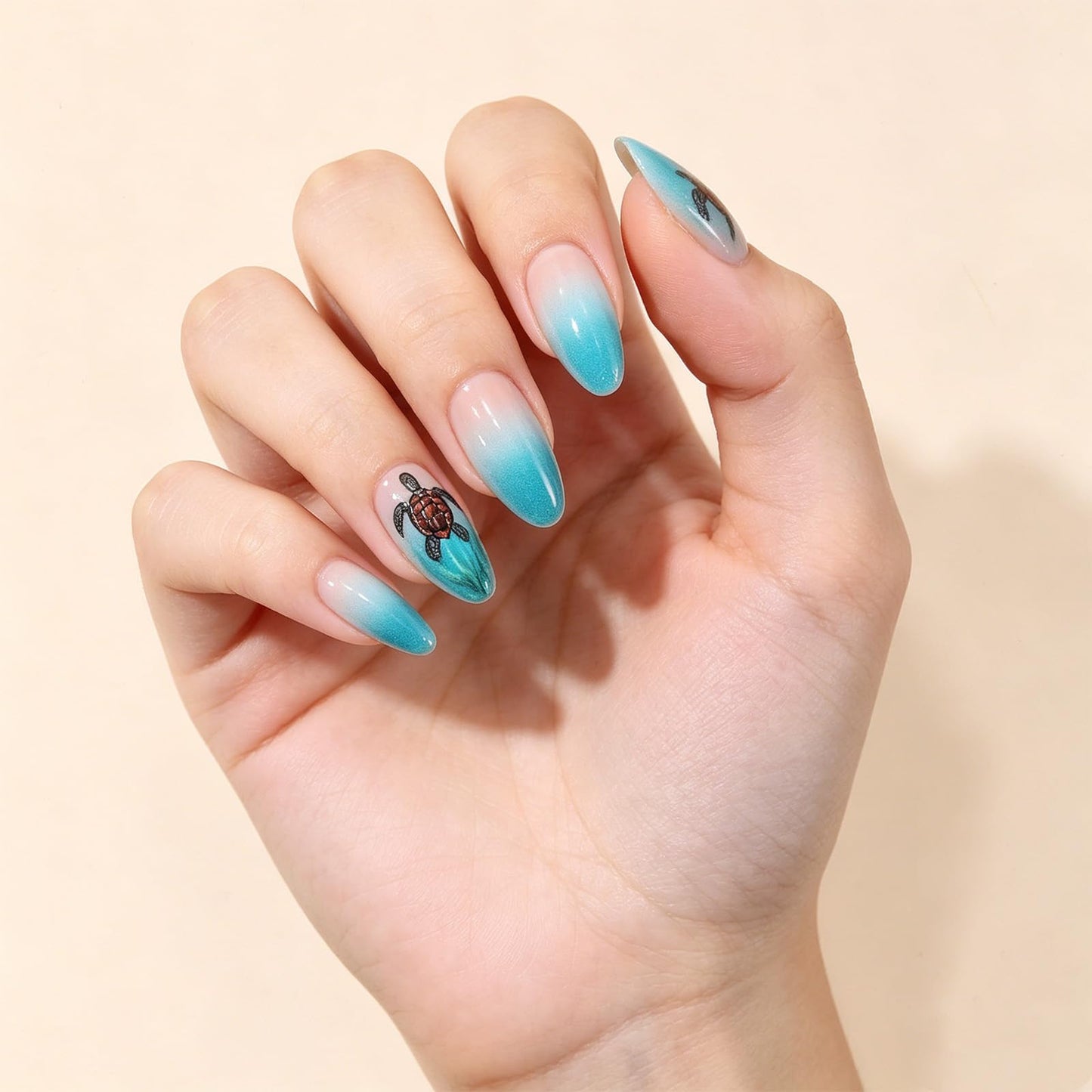 Sea Turtle Press on Nails with Tropical Ocean Design Seaweed Medium Almond False Nails Beach Fake Nail Glossy Blue Ombre Glue on Nail Gradient Stick on Fingernails for Women Summer Daily Wear