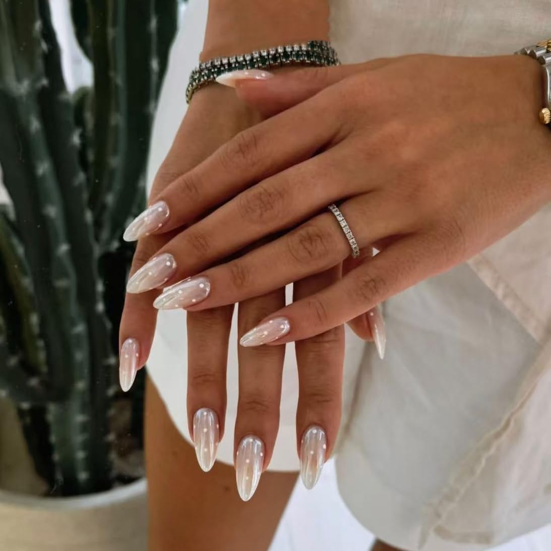 Handmade French Tip Press on Nails Almond Fake Nails with Handmade Pink Acrylic Nails Design Full Cover Glossy Stick on for Women Manicure Decoration White polka dots 10PCS (MT-122-S)