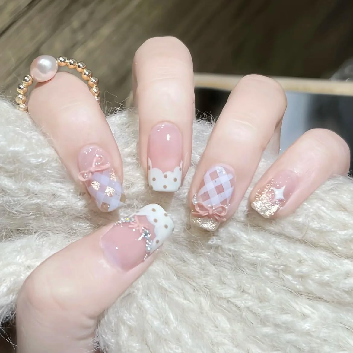 TENPAL 10Pcs Y2K Short Medium Coffin Press On Nails With Tools Kit,Light Pink Cat Eye French Fake Nails with Dot Bow Plaid Pattern,K-Beauty Acrylic Glue on Nails for Wedding Party Daily Wear(S)