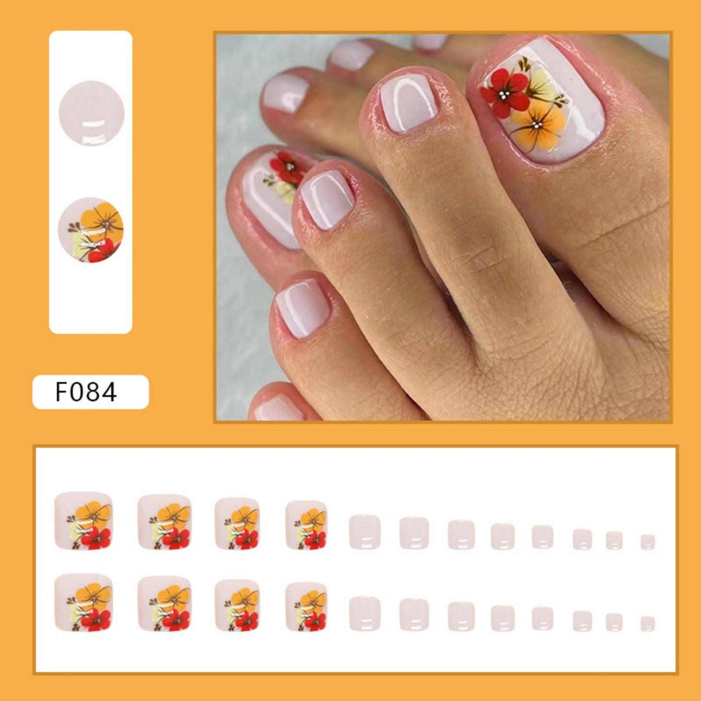 Flower Press on Toenails Short Square Fake Toe Nails Summer False Toenails Glossy Full Cover Acrylic Glue on Toenails Cute Toe Nails Artificial Stick on Toenails for Women Manicure 24 Pcs