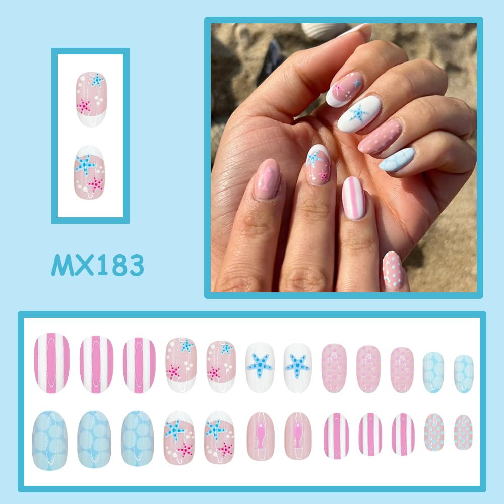 QUNQINLI French Tip Press on Nails Short Oval Fake Nails Press ons Nail Tips Kit with Fish Starfish Striped Design Summer Blue Pink False Nails Full Cover Nude Glossy Glue on Nails for Women 24 Pcs