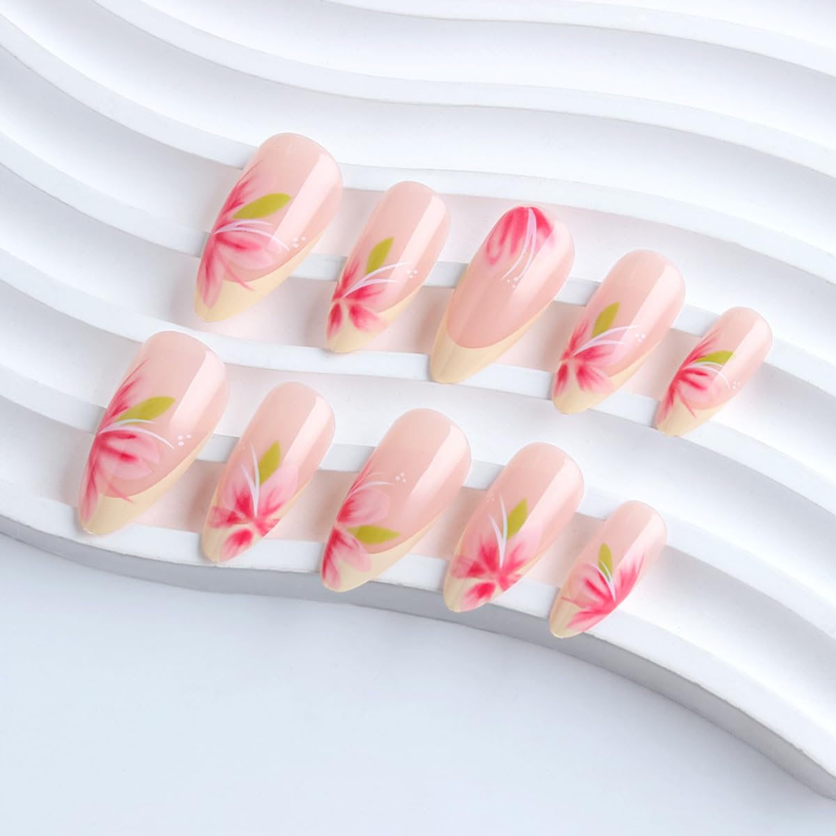 Yellow French Tip Press on False Nails Flower Fake Nails Medium Almond Glue on Nails with Pink Floral Designs Glossy Nude Press ons Stick on Nail for Women Manicure 24Pcs
