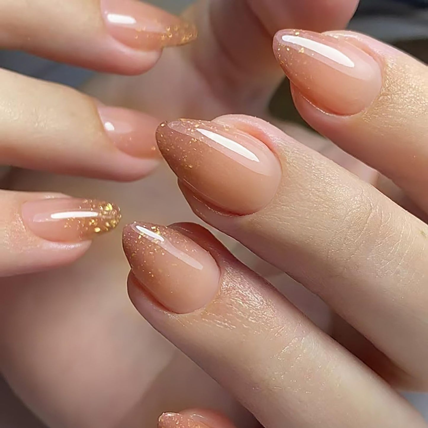 Short Almond Press on Nails Gold Glitter Gradient Nude Pink Fake Nails Nails Press ons Acrylic Nails False Glossy Artificial Full Cover Stick on Nails for Women Girls 24 Pcs