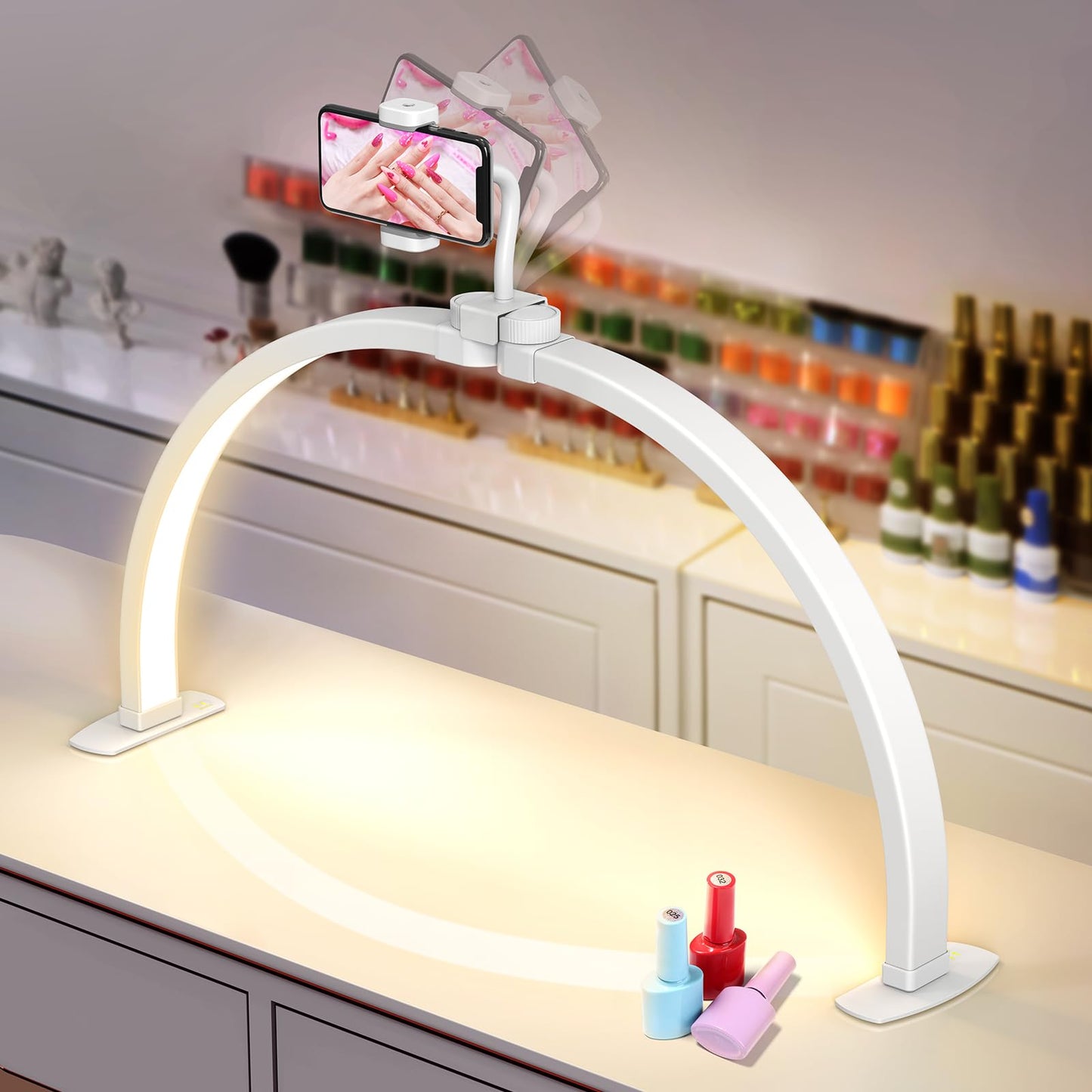 Yokilly Half Moon Light for Nail Desk: 23" Foldable Half Moon Desk Lamp with Phone Holder for Beginner - Arch Nail Tech Light with 3 Color Modes & 10 Brightness for Manicure Salon (White, Small)