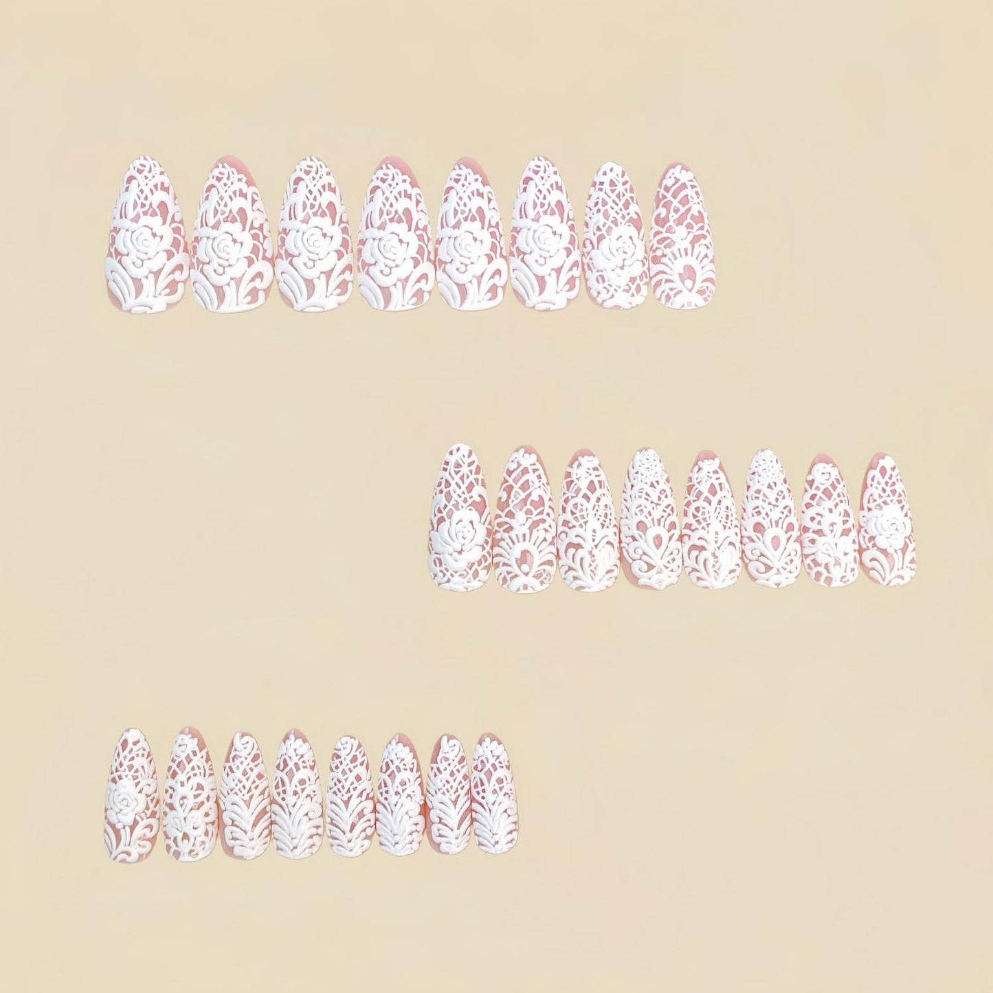 24pcs Almond Press on Nail Medium Length Fake Nails Full Cover White Lace with Flower designs Stick on Nail Glossy Fashion Press ones Spring Summer Glue on Nails for Women False Nails