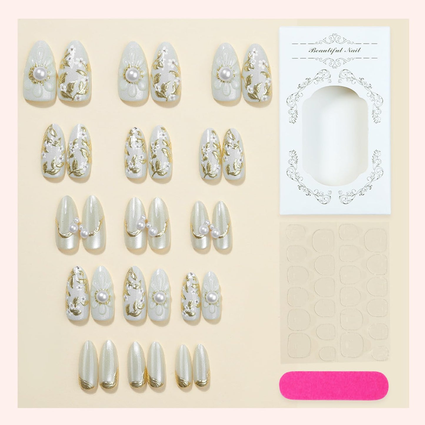 30Pcs White Flower Press on Nails Almond Handmade False Nails Kit French Tip Fake Nails with Gold Leaf Floral Line Design Pearl Charm Exquisite Medium Fasle Nails Press ons DIY Manicure for Women
