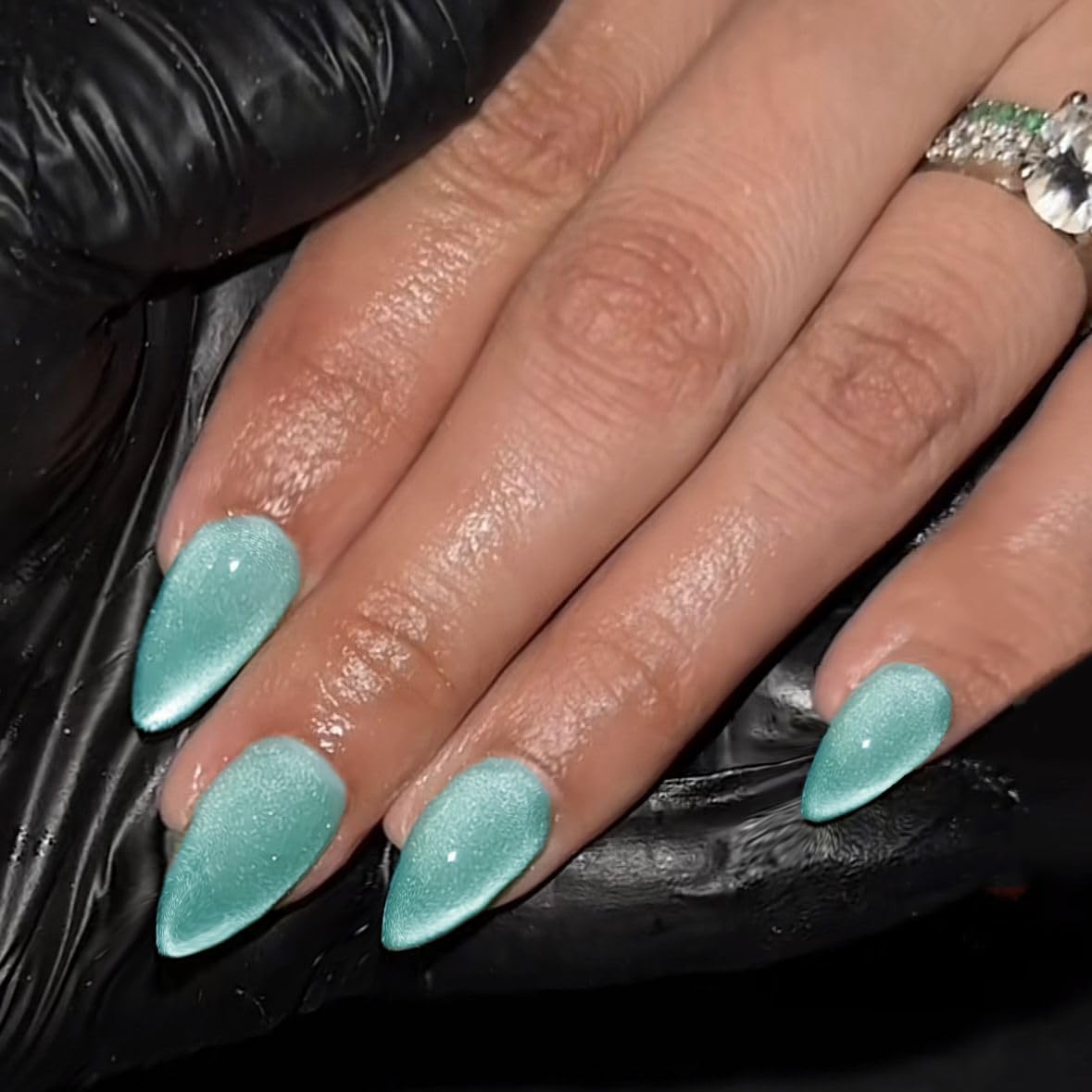 SXVME Cat Eye Teal Blue Press On Nails Medium Almond Shaped - 30 Pcs Stiletto Fake Nails Acrylic Press ons, Natural Fit, Opaque Glitter Chrome Gel Nails Stick on, Soft Gel Glue on Nails for Women