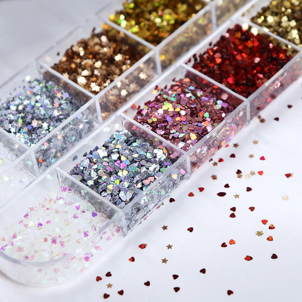 1 Box 12 Color Holographic Hearts Star Nail Glitter Tiny Heart Nail Sequins 3D Red Gold Nail Flakes Sparkly Powder Flakes Shiny Nail Glitter Valentine's Day Nail Sequins Glitter for Nails Art 12 Grids