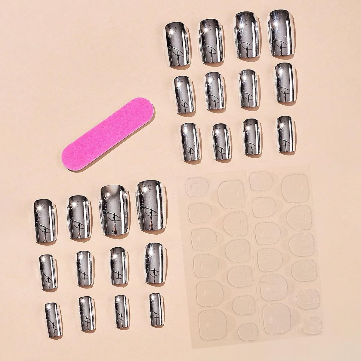 Silver Press on Nails Square - Medium Fake Nails with Chrome Design - Solid Color Full Cover Stick on False Nails - for Women 24 Pcs