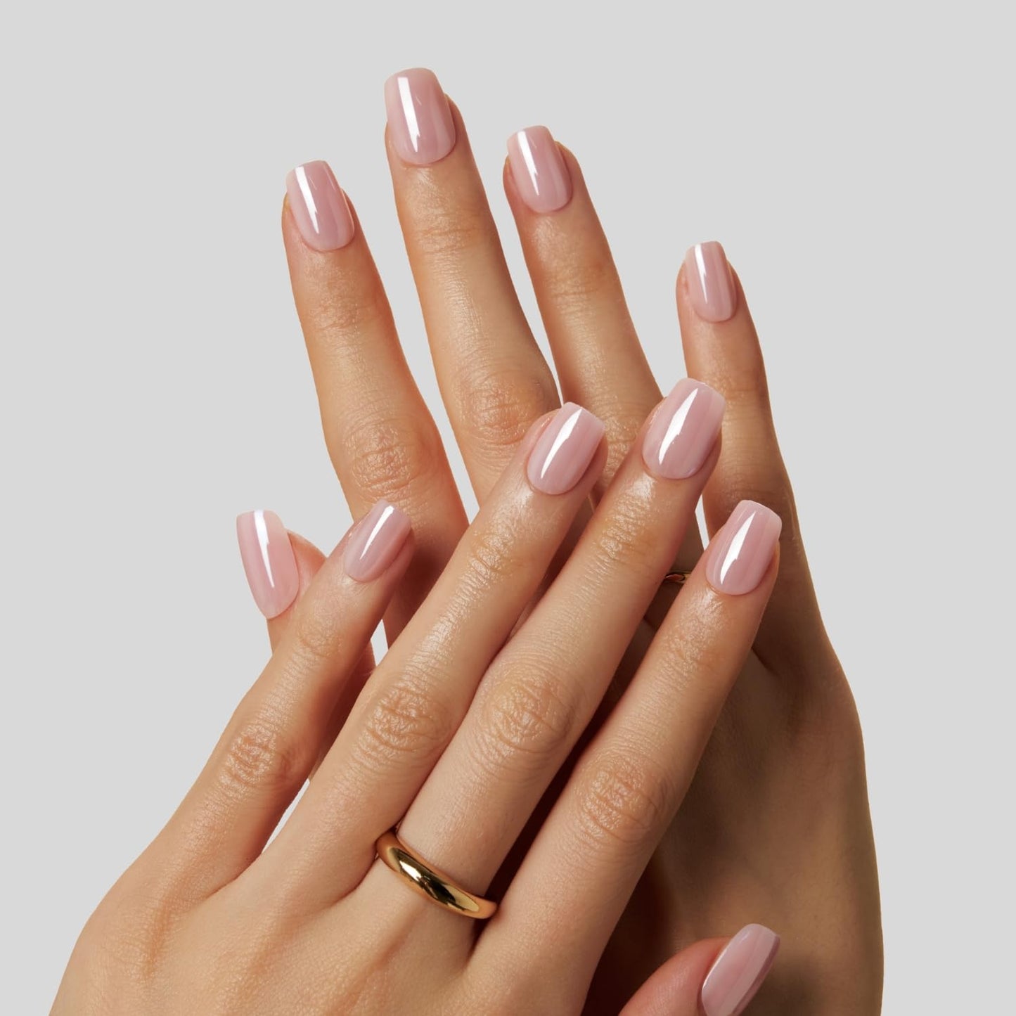 LAMIMOSA 32Pcs Pink Press On Nails Short Square - Soft Gel Fake Nails in 16 Sizes, Chrome Glue on Nails kit, Glazed Stick on Nails, Spring Nails, PINK GLAZE
