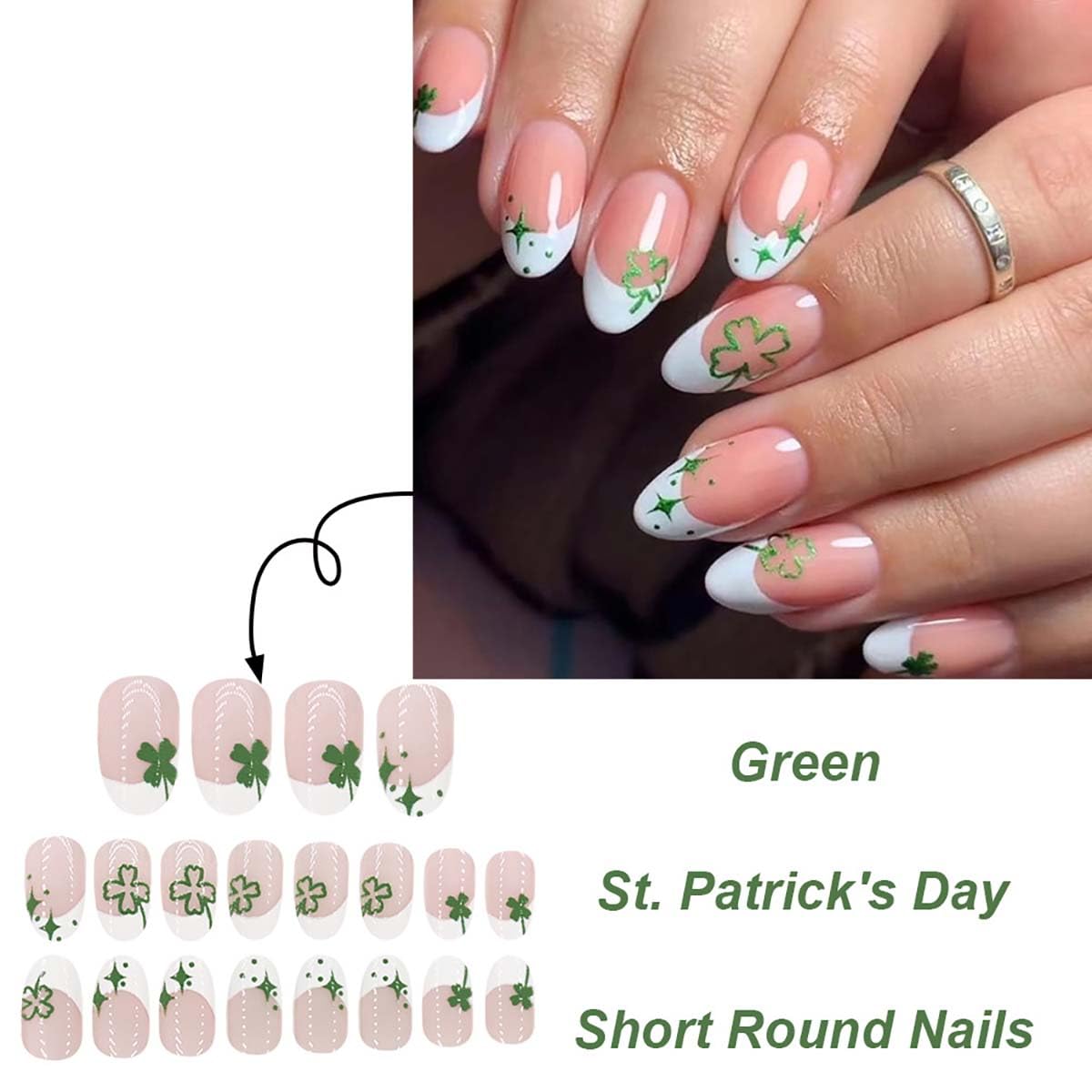 24Pcs St. Patrick's Day Press on Nails short Almond French Tip Fake Nails with Shamrock Designs Full Cover False Nails Lucky Clover Acrylic Glue on Nails for Women Saint Patrick Manicure Decor