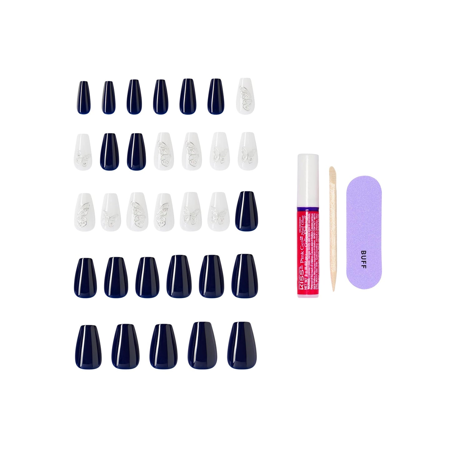Kiss Glam, Press On Nails, Nail glue included, 'Starry Serenade', Blue, Medium Size, Coffin Shape, Includes 32 Nails, 2g Glue, 1 Manicure Stick, 1 Mini File