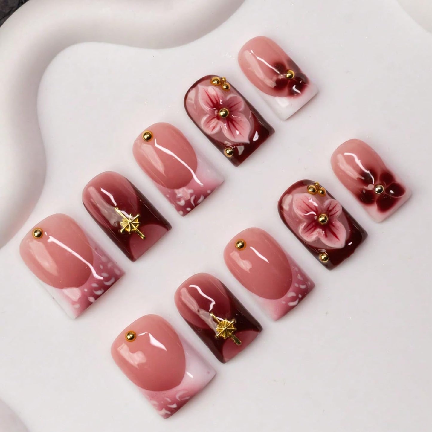 Handmade Press on Nails Square False Nails with 3D Flower & Golden Steel Designs Thicked Fake Nail Gradient Full Cover Muti-Layer Gel Acrylic Nails Red French Tip Stick on Nail for Women (S)
