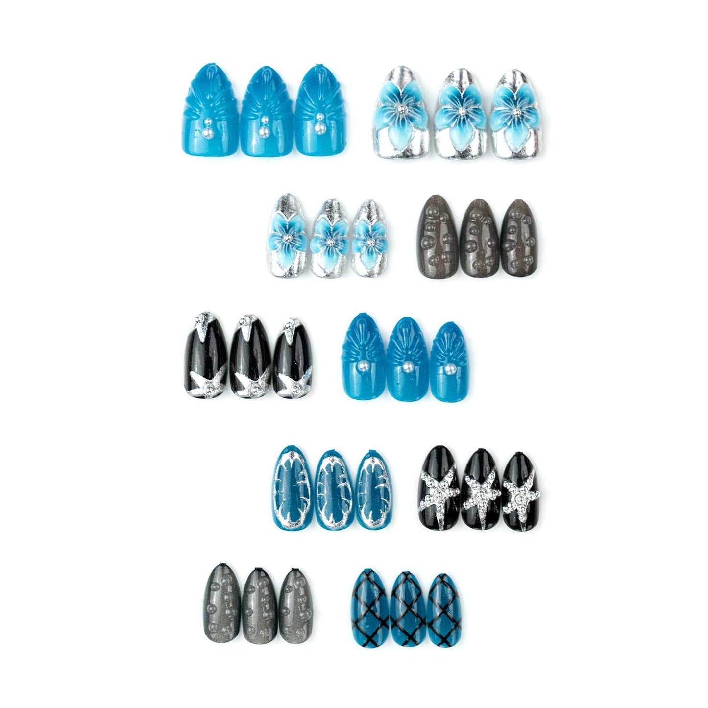 30Pcs Blue Flower Press on Nails Kit Medium Almond Fake Nails 3D Floral Handmade Rhinestone & Silver Star Irregular Design French Full Cover Acrylic Nail Tip Y2K Cute Stick on False Nail for Women