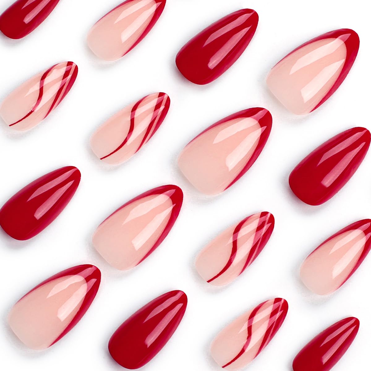 KTAABTR Red French Tip Press on Nails Medium Almond Shaped Fake Nails with Glue Red Corrugated Design Acrylic Nails Stick on Nails for Woman DIY Manicure French Nail Tip Lines False Nails 24Pcs