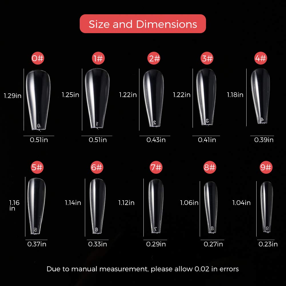 600Pcs Long Coffin Fake Nails Clear Full Cover Acrylic False Nail The Non-Trace Ballerina Nail Tips 10 Sizes With Bags For Nail Salons And DIY Nail Art at Home