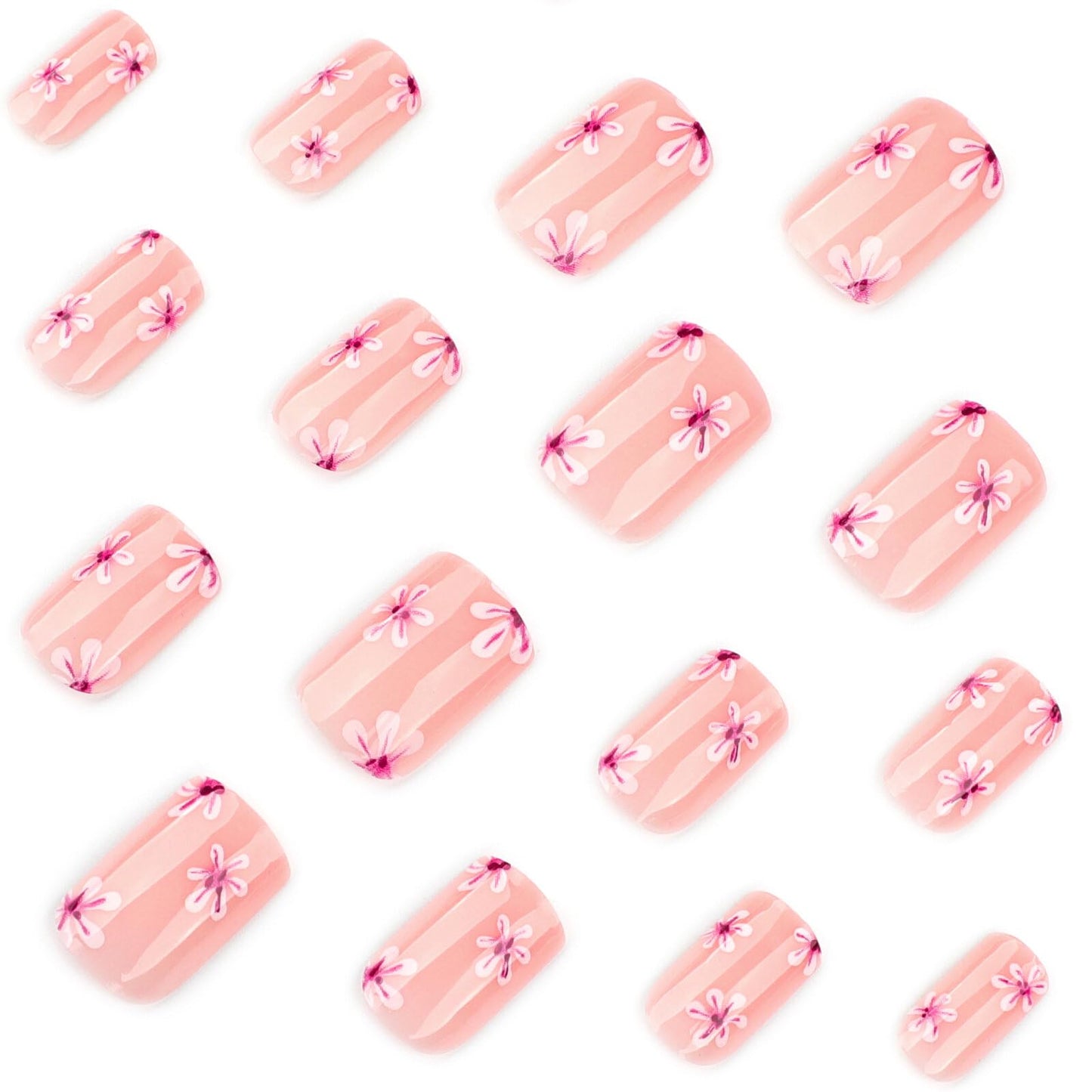 Medium Square Press on Nails Soft Nude Base Pink White Floral Glossy Finish Reusable Spring Nails Application Fashion Daily Casual Wear Durable Comfortable Trendy Style Women Girls Nails Art 24 Pcs