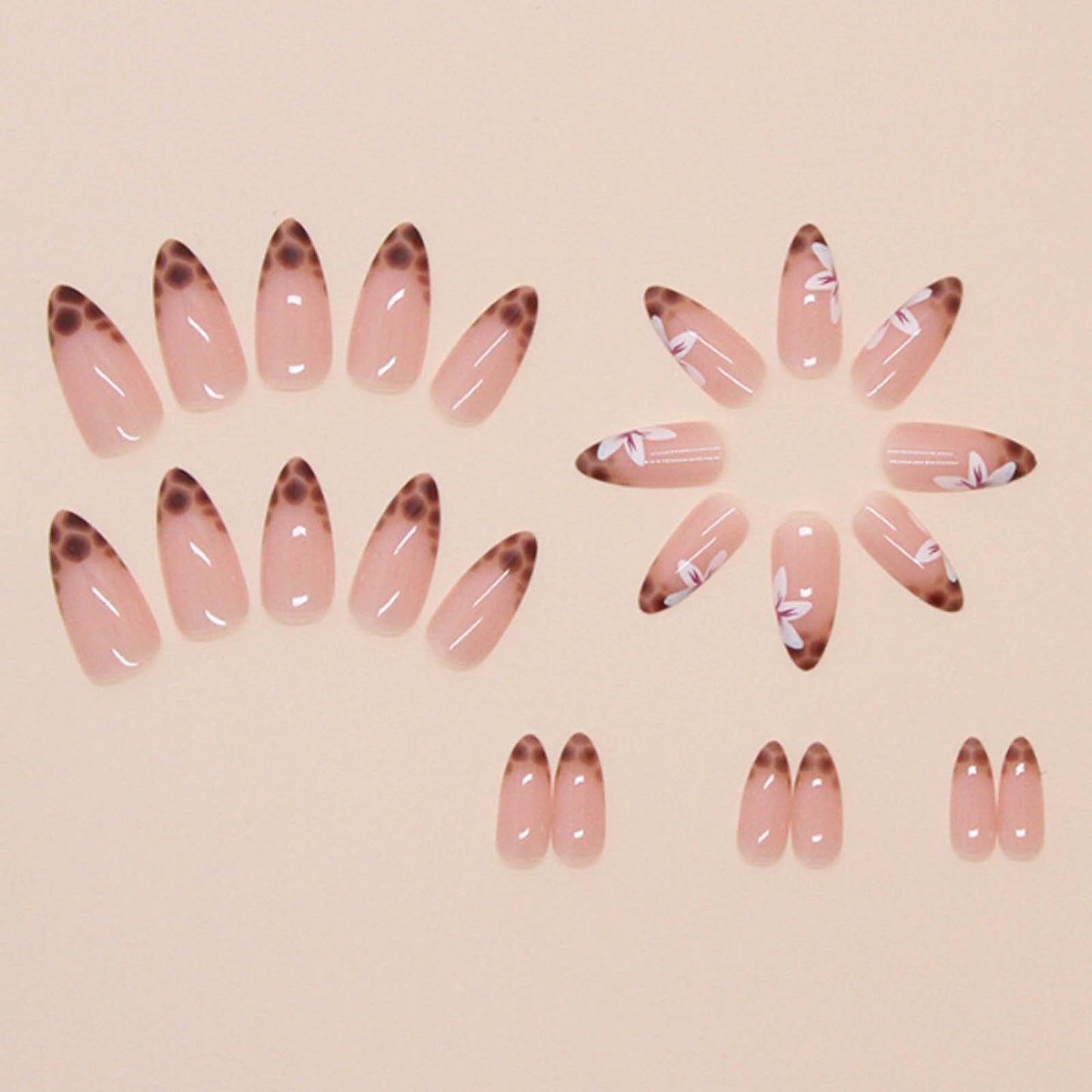 Hkanlre Leopard Print Medium Press on Nails Nude Fake French Nails Tips Full Cover Almond False Nails for Women 24PCS