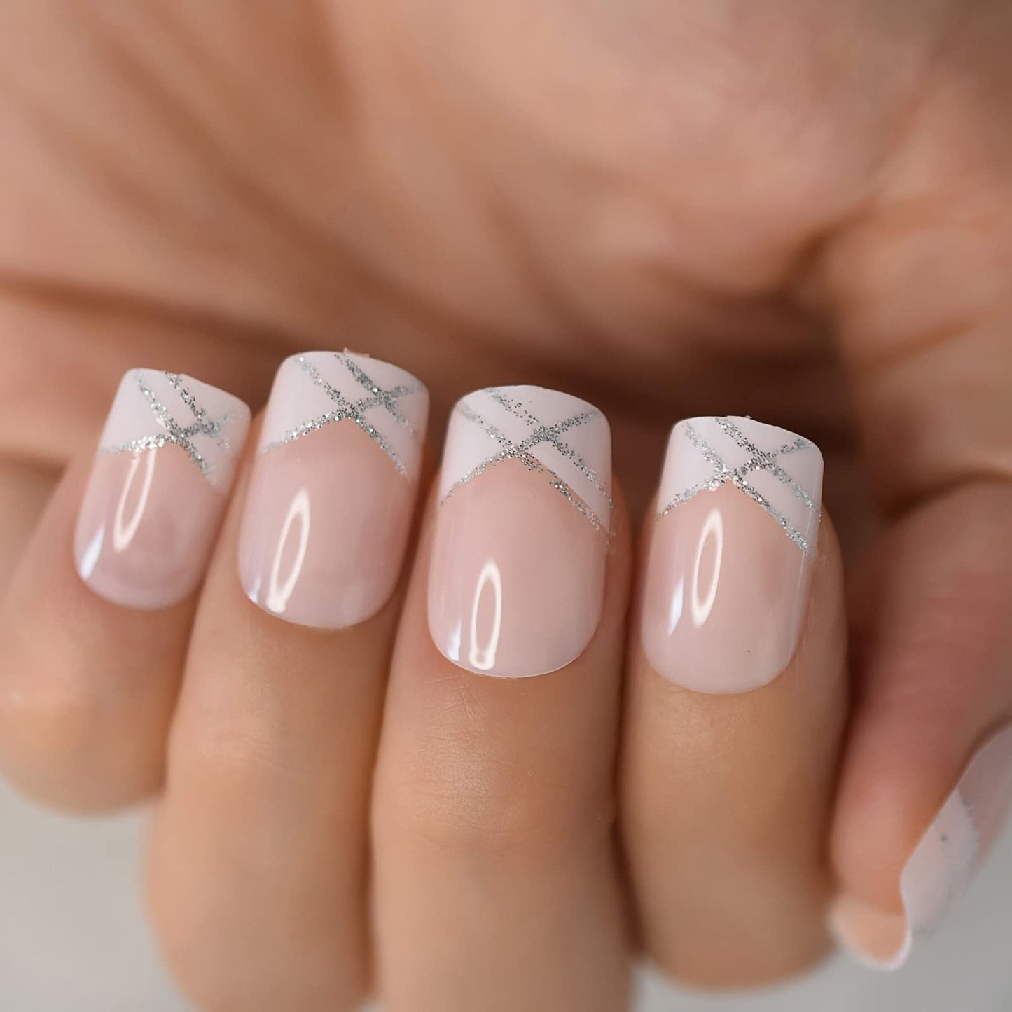 iBeautying Press on Nails - White French Silver Line Semi-Transparent False Nails | UV Gel Finish Medium Short Square Round Shape Reusable Fake Nails - 24 Nail Kit with Jelly Glue Pad