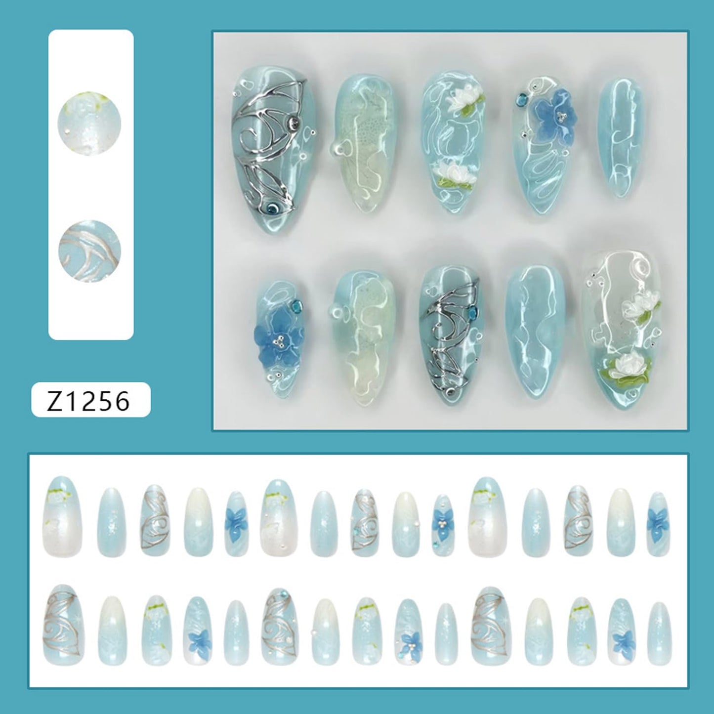 30Pcs Blue Smudge Press on Nails Medium Almond Fake Nails with 3D Rhinestone Pearls Design Butterfly Floral False Nails Lotus Flower Glue on Nail Glossy Full Cover Water Ripples Acrylic Nail for Women