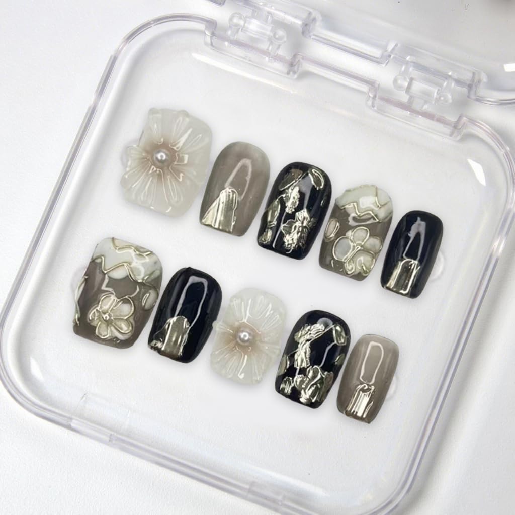 Square Press on Nails Full Cover Fake Nails with White Flower Handmade Press on Nails Short Black False Nails Embossed Silver Floral Acrylic Nails Thick Stick on Nails for Women Nail Art DIY（S)