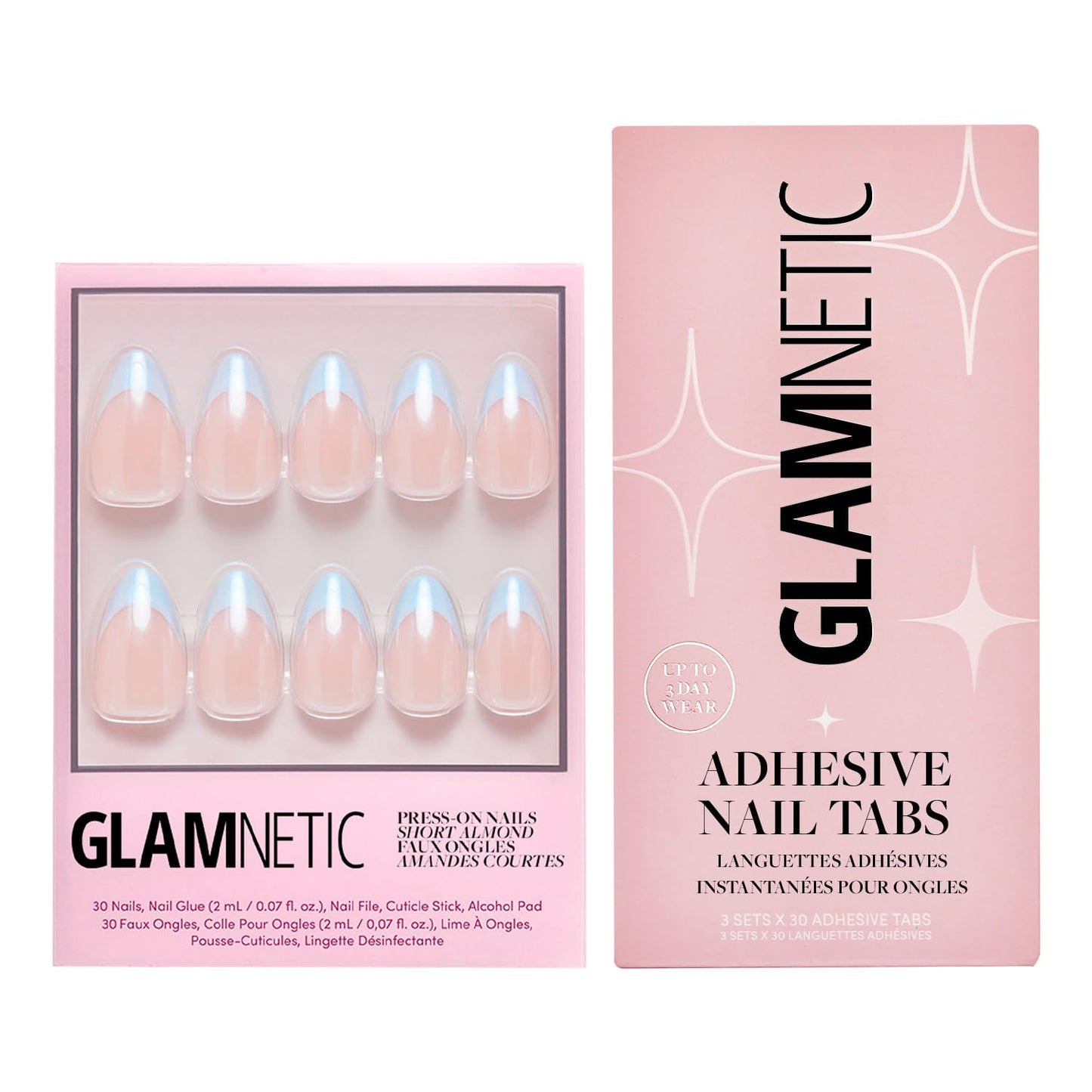 Glamnetic Press-On Nails & Adhesive Nail Tabs - Blueberry Icing | Short Almond Baby Blue French Tips with a Glazed Finish | 15 Sizes - 30 Nail Kit with Adhesive Tabs
