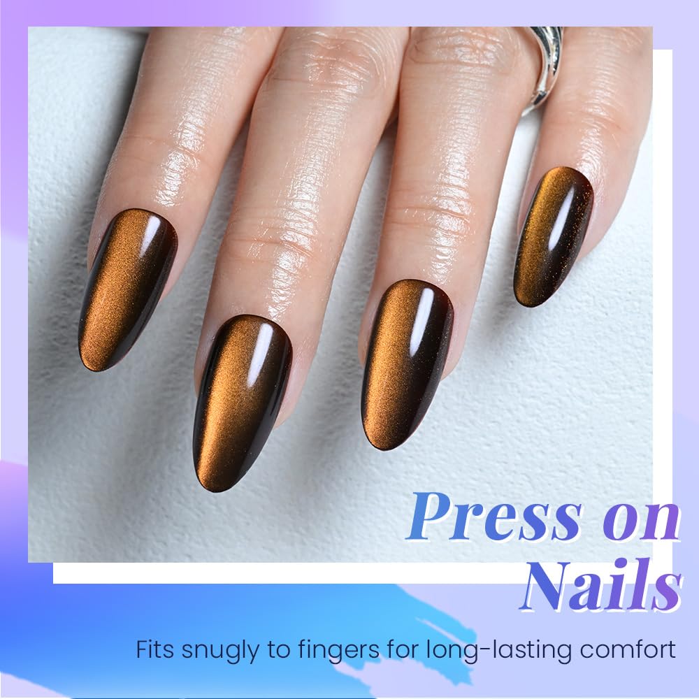 XZMeiLun Cat Eye Orange Brown Press On Nails Almond Medium, Magnetic Acrylic Fake Nails Stylish Design, Salon-Quality Shiny Finish, Reusable Stick On Nails Kit for Women, Daily Wear (No Glue Included)