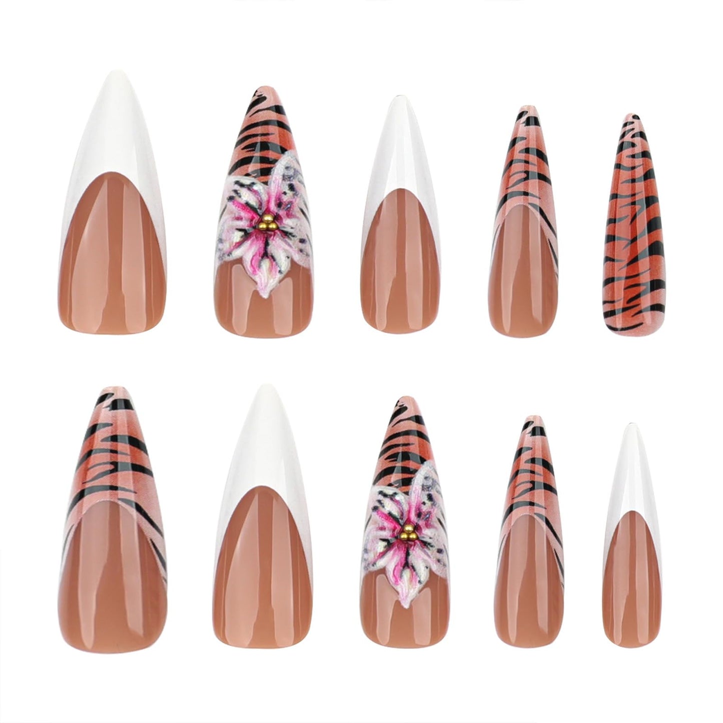 SINHOT Stiletto Press on Nails Long Fake Nails Glossy Glue on Nails Zebra Stripes Acrylic Nail 3D Flower Almond Artificial Nail White French Tip Stick on False Nail with Design 24 pcs