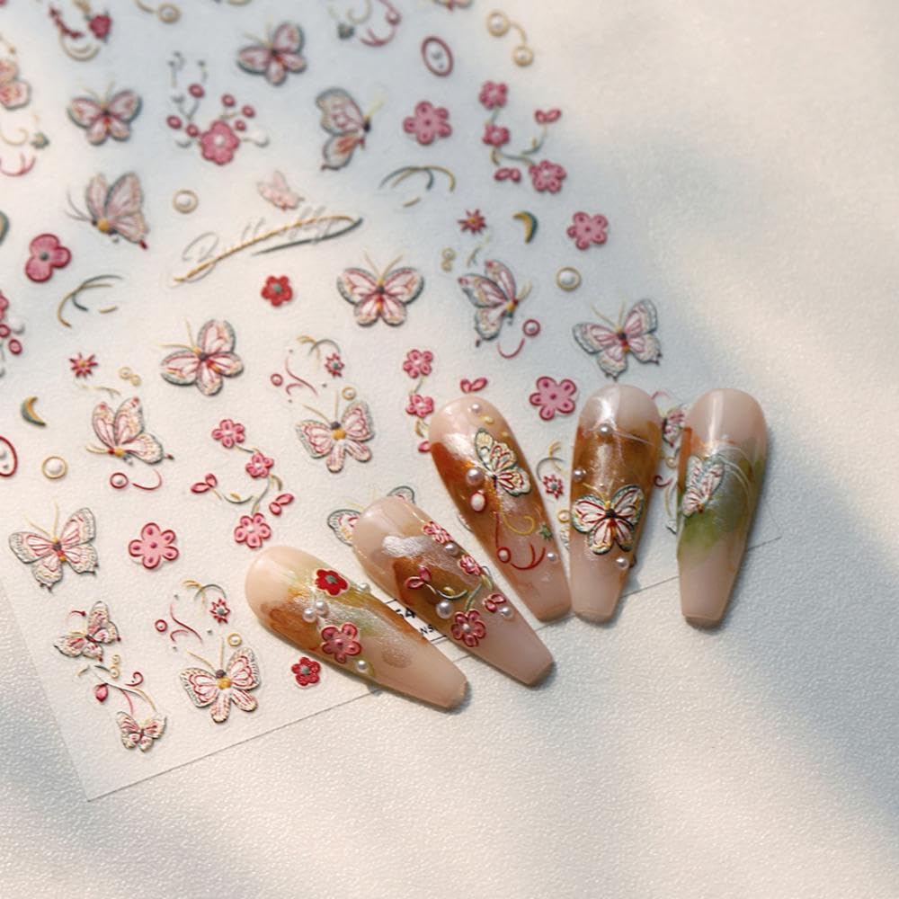 Red Butterfly Nail Stickers 5D Embossed Flower Nail Decals with Pearl Designs 3D Self-Adhesive Spring Nail Art Supplies Summer Nails Decoration Accessories for Women Girls Manicure 1 Sheet