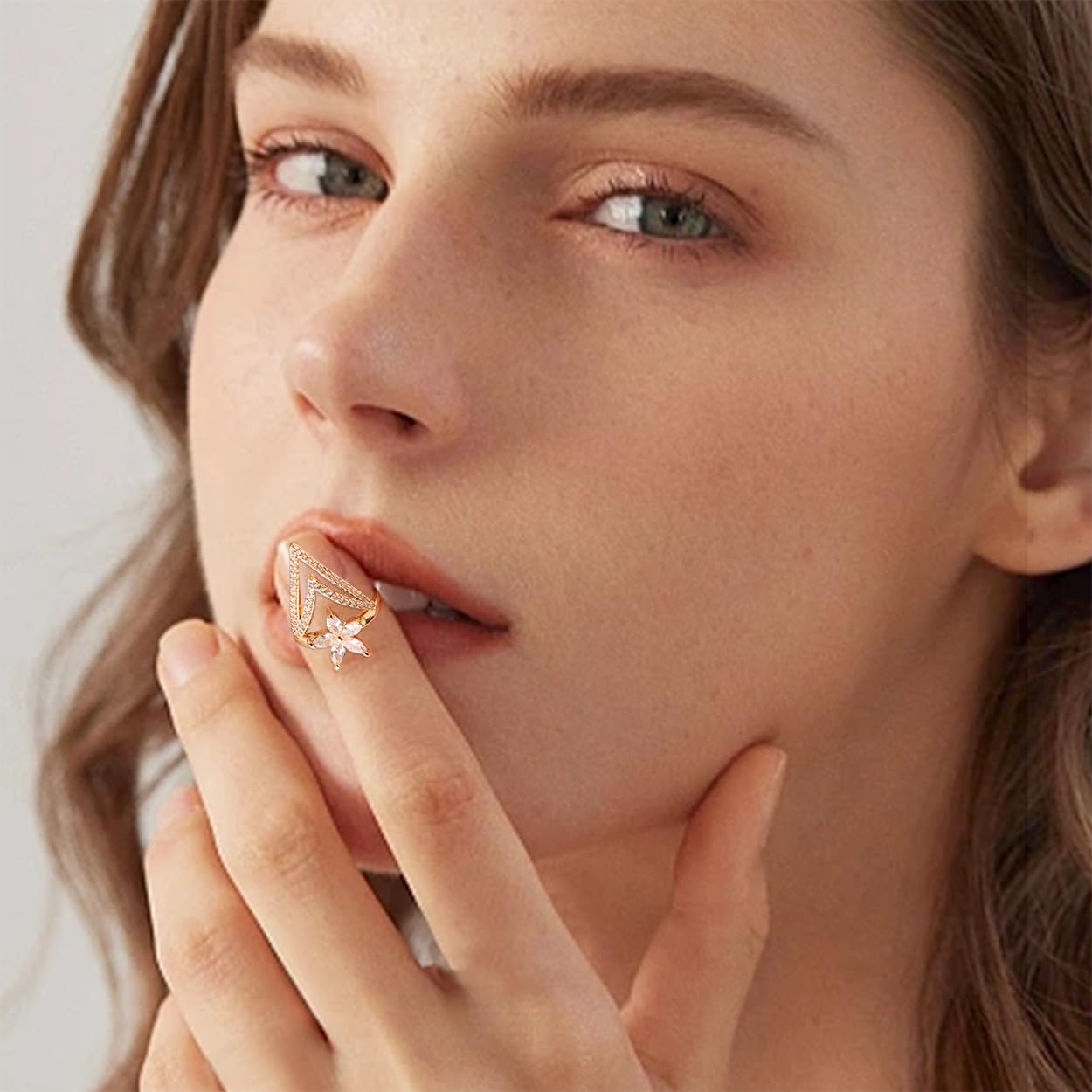Jean Beau Finger Nail Flower Ring for Women Teen Art Rhinestones CZ Finger Cap Cover Tip Rings Gold Metal Nail Decoration Nail Protect Fashion Jewelry Gift
