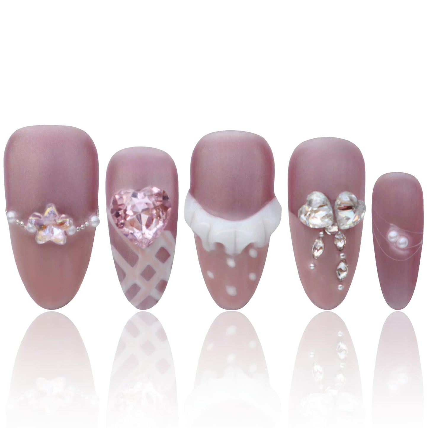 Luxury Rhinestones Handmade Acrylic Press On Nails Handmade Acrylic Press On Nails French Medium Almond Pink Nails Women Gifts Reusable Nails COOLYOUNG 15 PCS, Size L