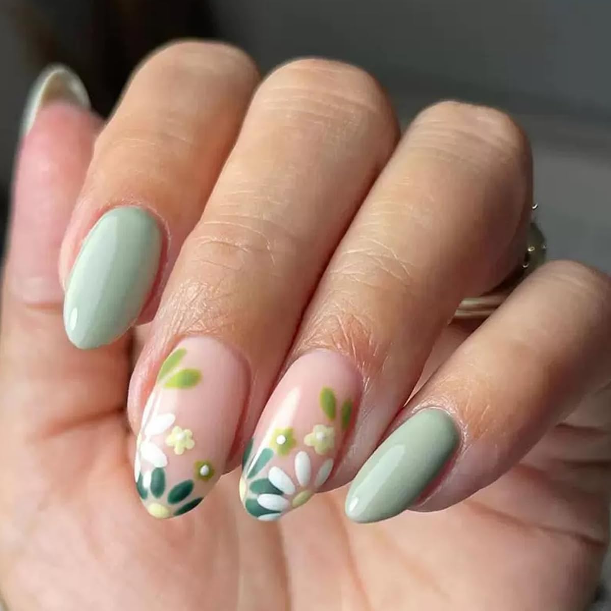 6 Packs (144 Pcs) Flower Press on Nails Medium Almond Fake Nails French Tip False Nails with Designs Spring Summer Floral Glue on Nail Full Cover Glossy Acrylic Stick on Nail for Women Manicure
