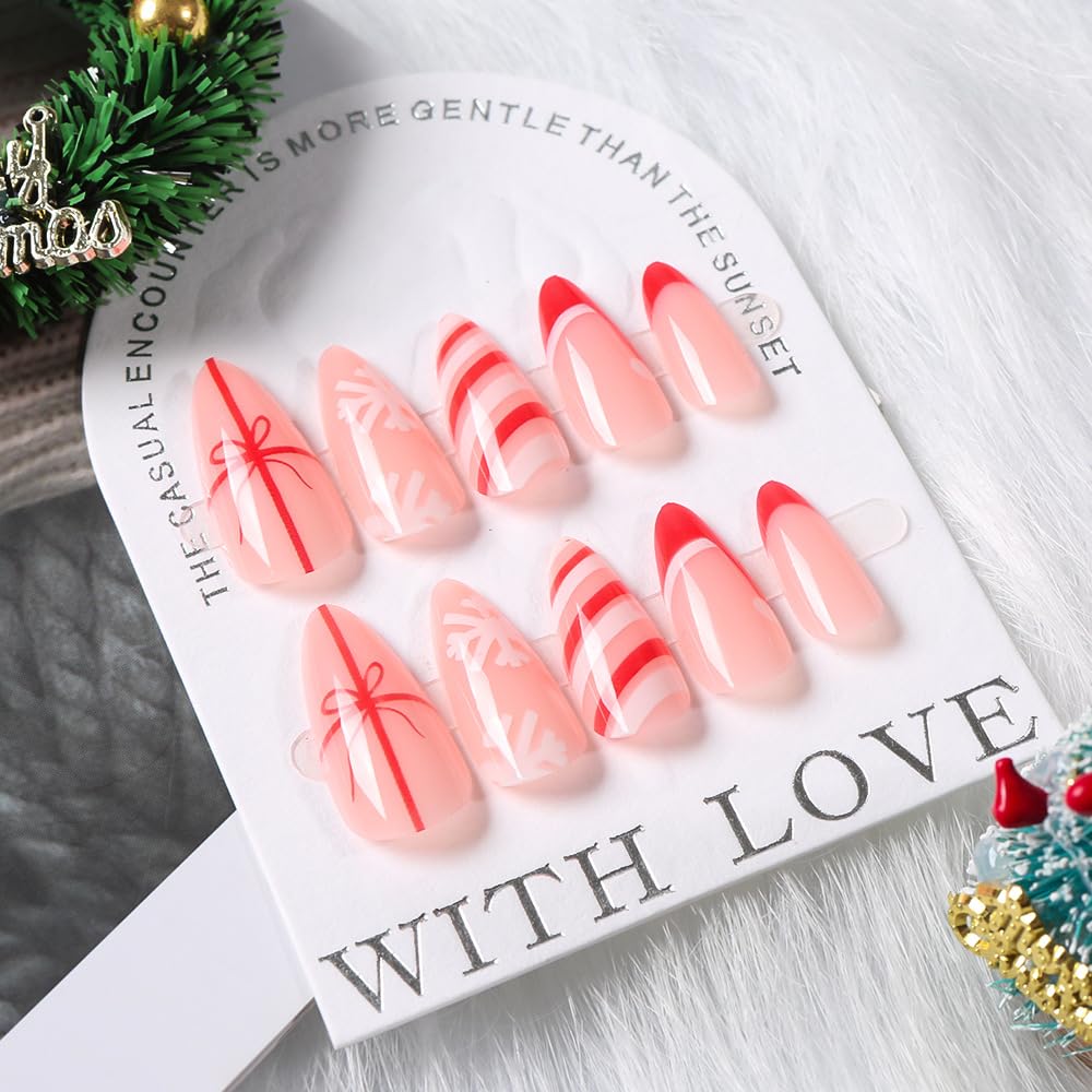 French Tip Press on Nails Christmas Press on Nails Medium Almond Fake Nails with Snowflake Designs Santa's Hat Acrylic False Nails for Women Girls Red White Stripe Stick on Nails 24Pcs Manicure Art