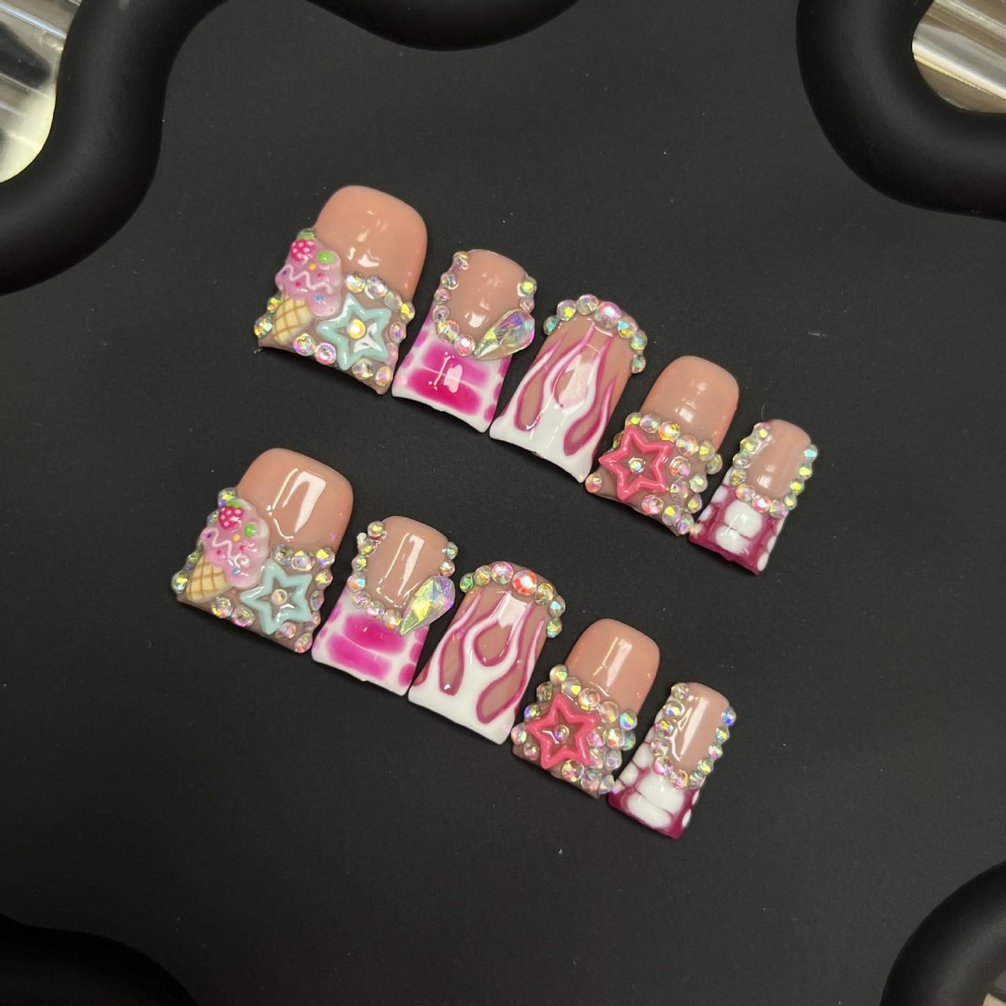 Handmade Press on Nails Short Duck 3D Rhinestones French Tip Thick Acrylic Fake Nails Pink False Nails with Cute Stars Ice Cream Designs Muti-Layer Gel Stick on Nail Art Press on Nail for Women（S)