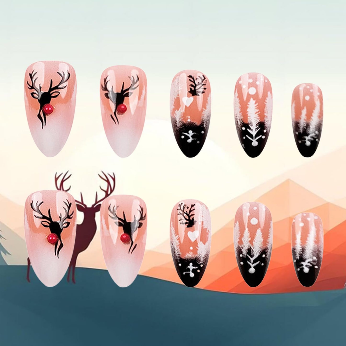 Christmas Press on Nails Cute Reindeer Medium Almond False Nails Xmas Tree Stick on Fingernails Glossy Black French Tips Acrylic Fake Nail 24Pcs Snow Gel Glue on Nail for Women Xmas Gift
