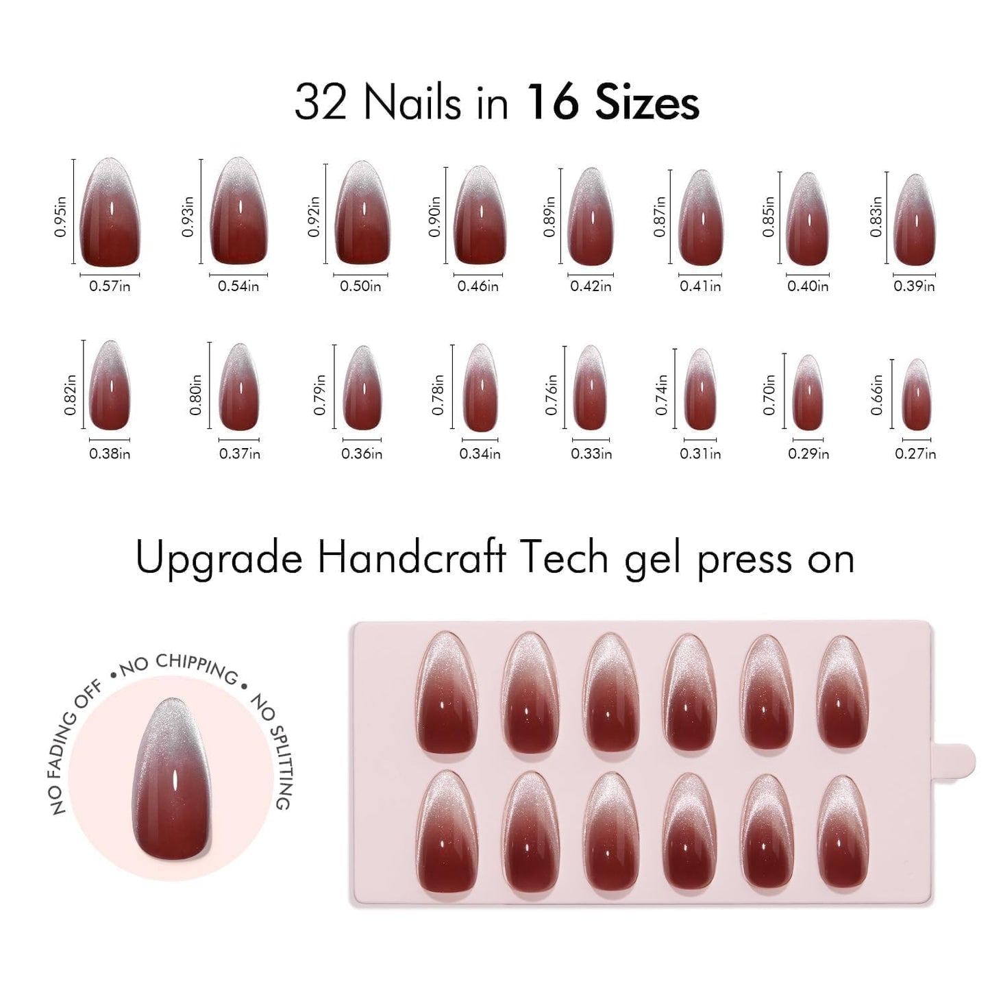 VSALON Almond Medium Press on Nails, Red Maroon Ombre Cat Eye French Tip Summer Semi-transparent Glossy Glitter False Nails, Reusable Gel Fake Nails Kit - 32 PCS in 16 Sizes with Glue & Cuticle Oil
