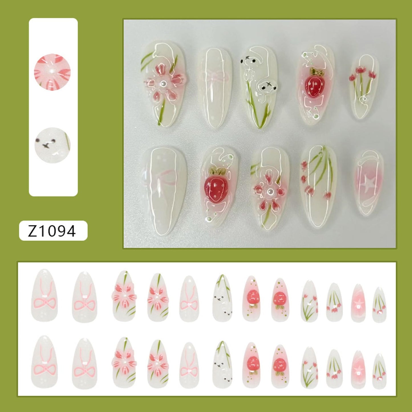 BSBTBZ Cute Rabbit 24pcs Medium Length Almond Shape Pink Flower Press On Nails with Pearls & Charms, Glossy Finish, Acrylic ABS Material, Full Cover Nail Tips, DIY Manicure, False Nails for Women