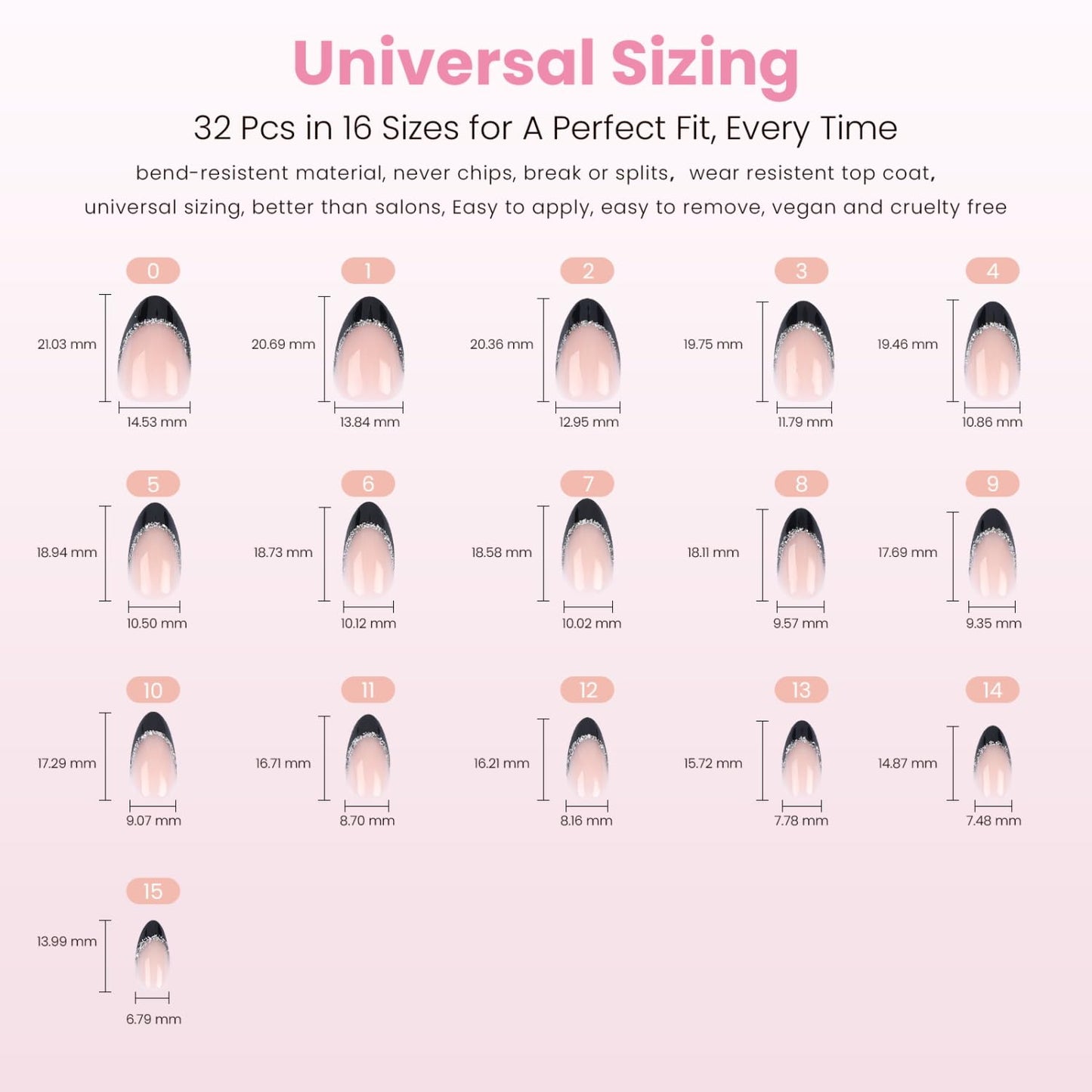 Nail Reformation Press On Nails, Silver Lining | Short Almond Fake Nails in Black Glitter French Tip on Nude Base in Glossy Finish, Reusable Stick On Nails in 16 Sizes - 32 Nail Kit for Women Gifts