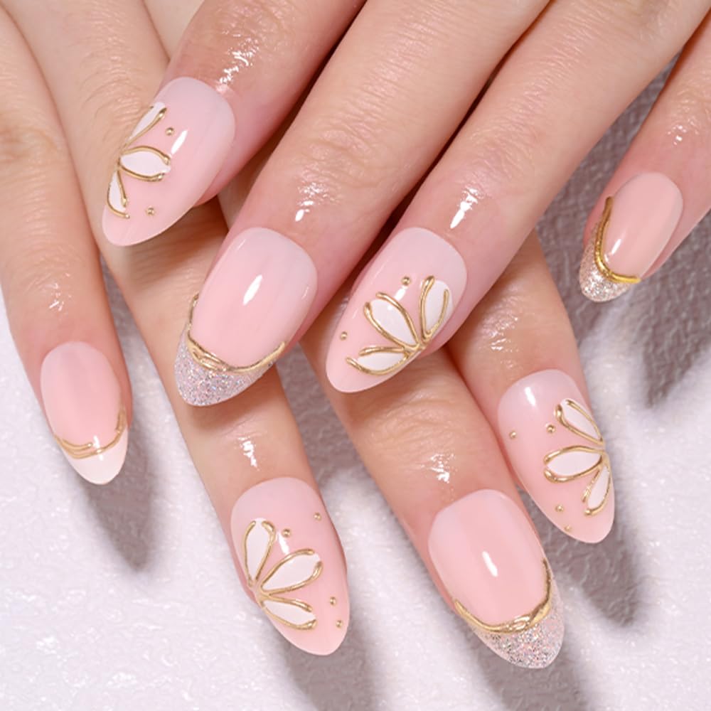 evpct Nude Pink Glitter Press on Nails Short Almond No Glue, Glitter Gold Line French Tip Stick on Nail for Women Gift, Reusable Full Cover Soft Press on Acrylic Fake Nail with 3D White Flower Design