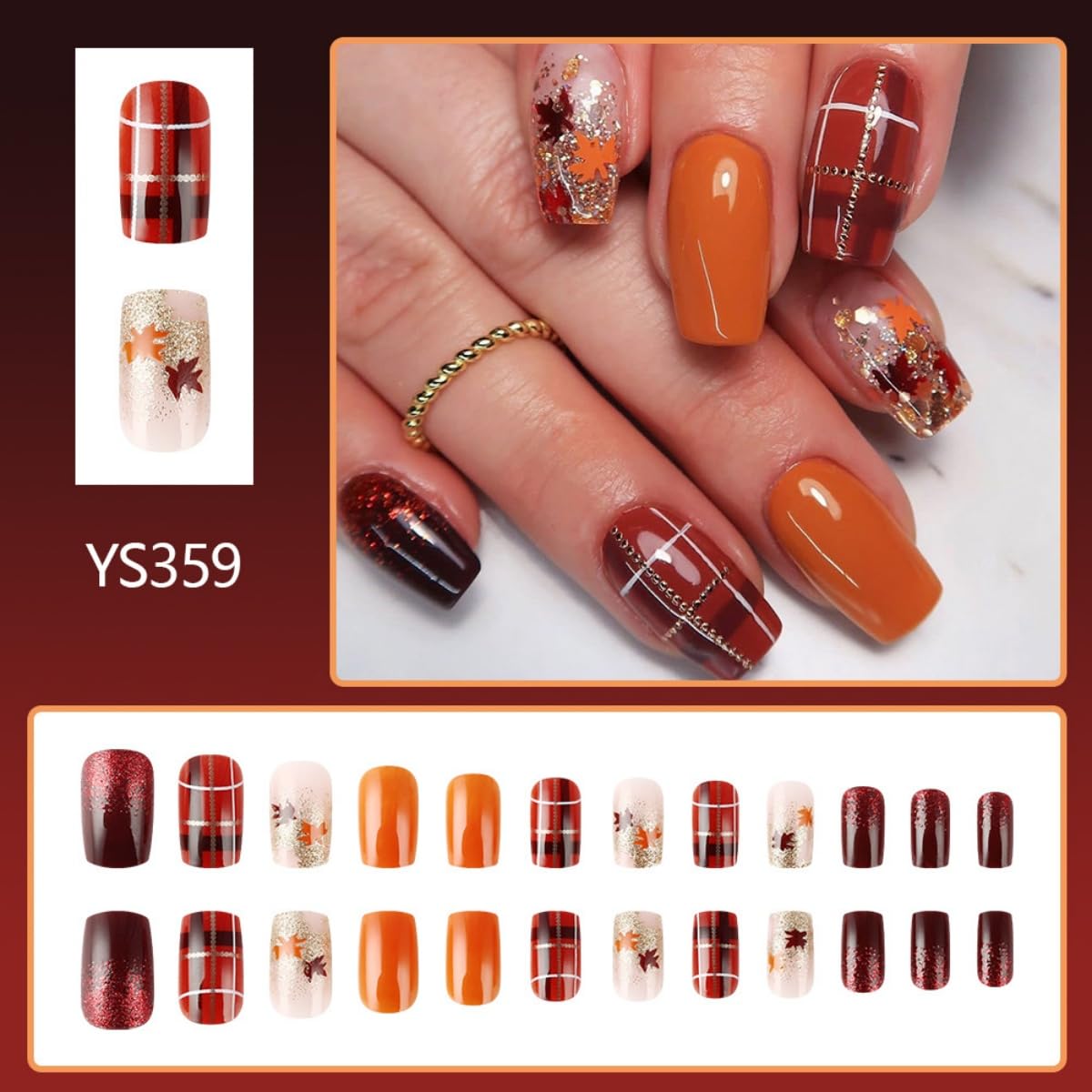 24Pcs Thanksgiving Press on nails Medium Square Fake Nails Maple Leaves Gold Line Design Stick on Nails Glitter False Nails Orange Full Cover Acrylic Glue on Nail for Women Nail Art Decoration